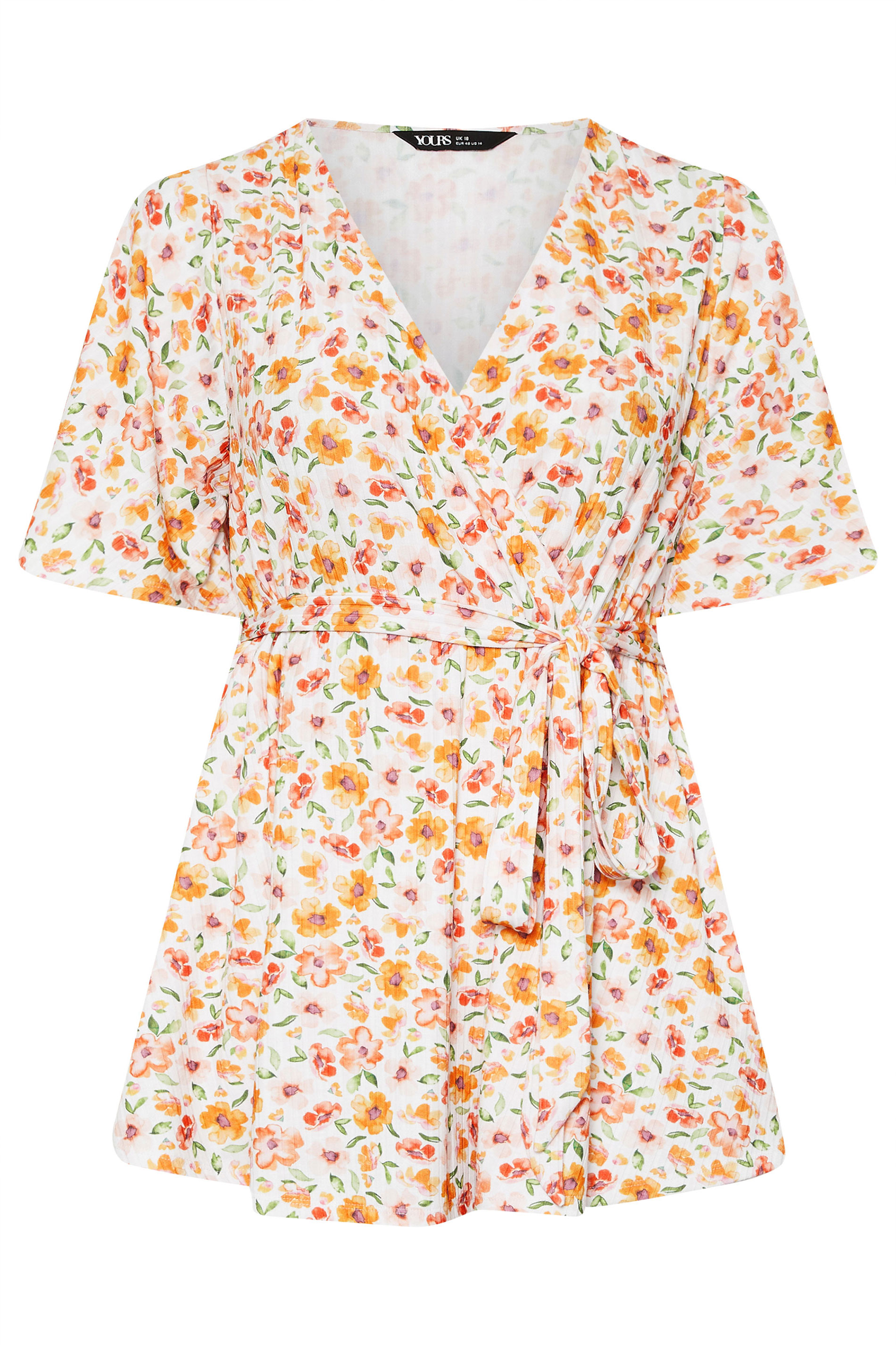 YOURS Plus Size Orange Floral Print Ribbed Wrap Top | Yours Clothing 5