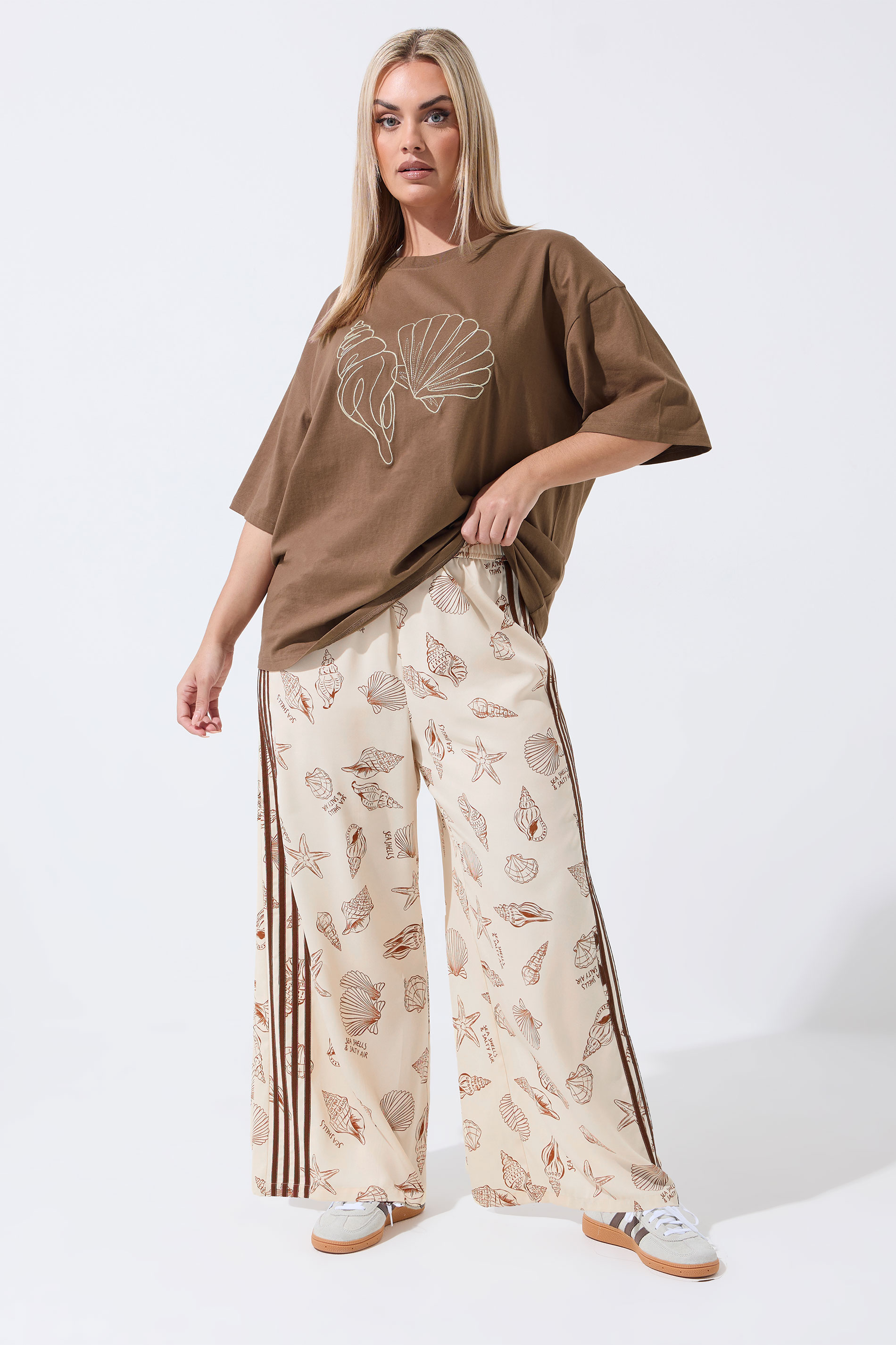 LIMITED COLLECTION Plus Size Nude Shell Print Wide Leg Trousers | Yours Clothing 4