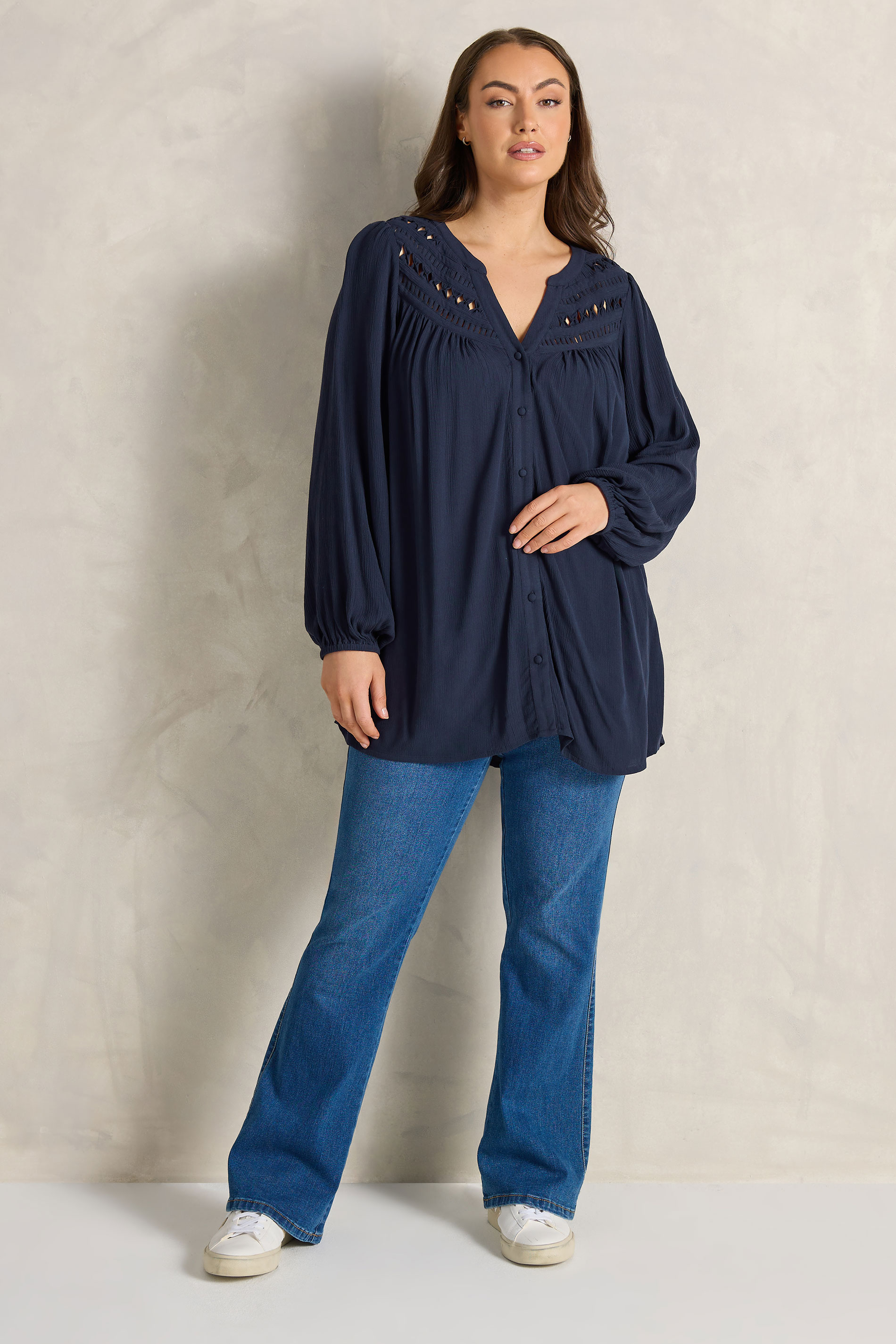 EVANS Plus Size Navy Blue Long Sleeve Macrame Blouse | Evans 2