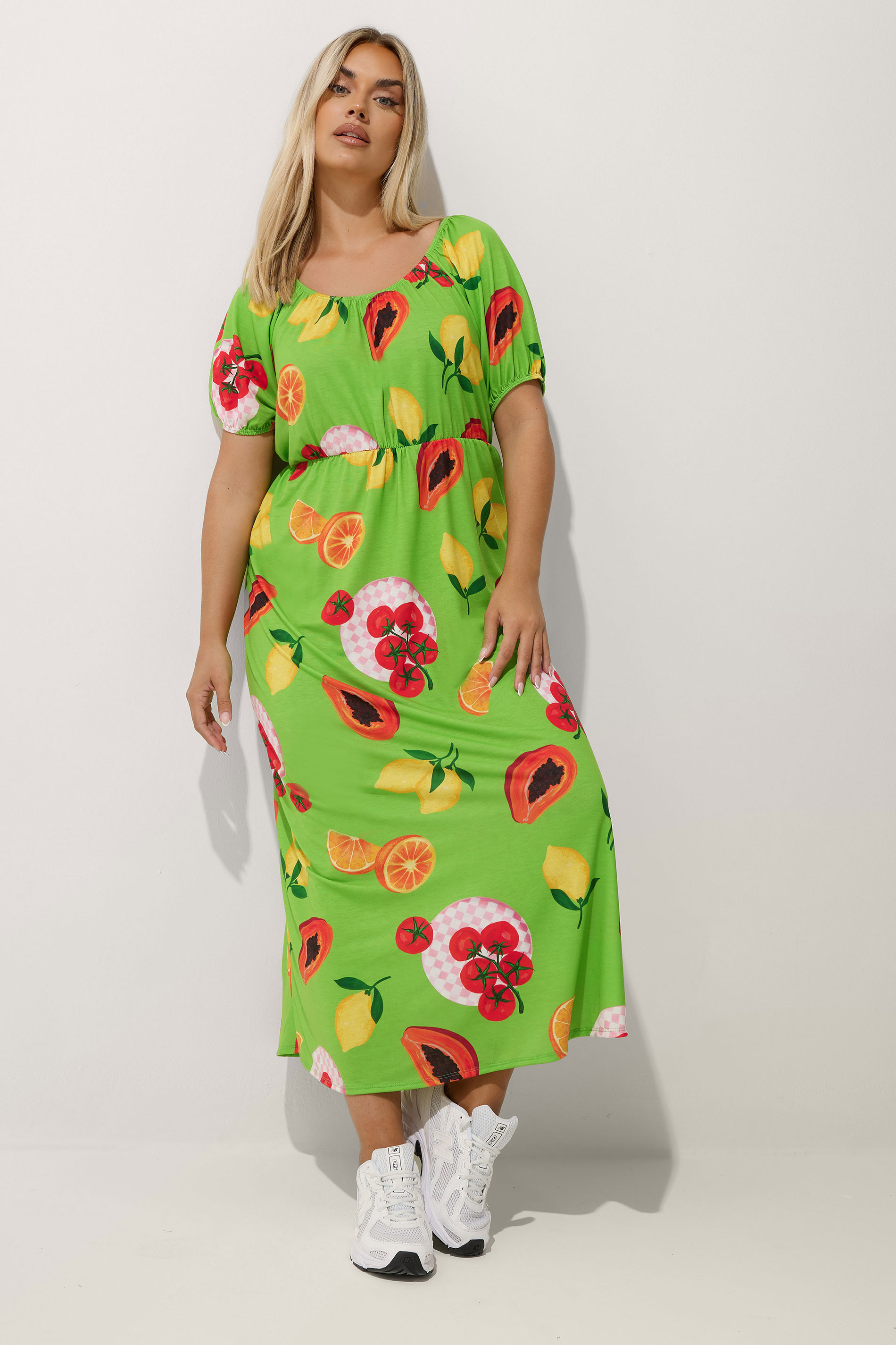 LIMITED COLLECTION Plus Size Green Fruit Print Bardot Dress | Yours Clothing 3