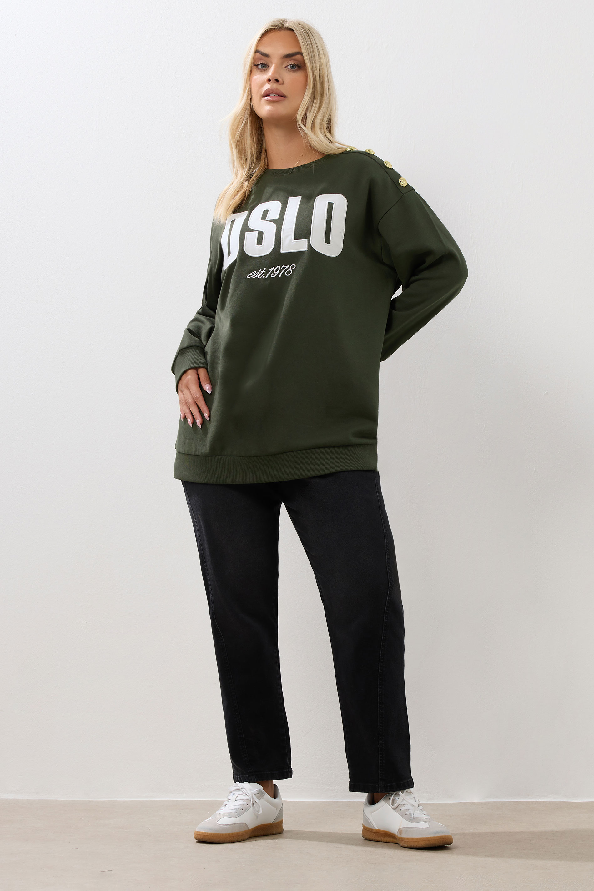 YOURS Plus Size Khaki Green 'Oslo' Slogan Sweatshirt | Yours Clothing 2