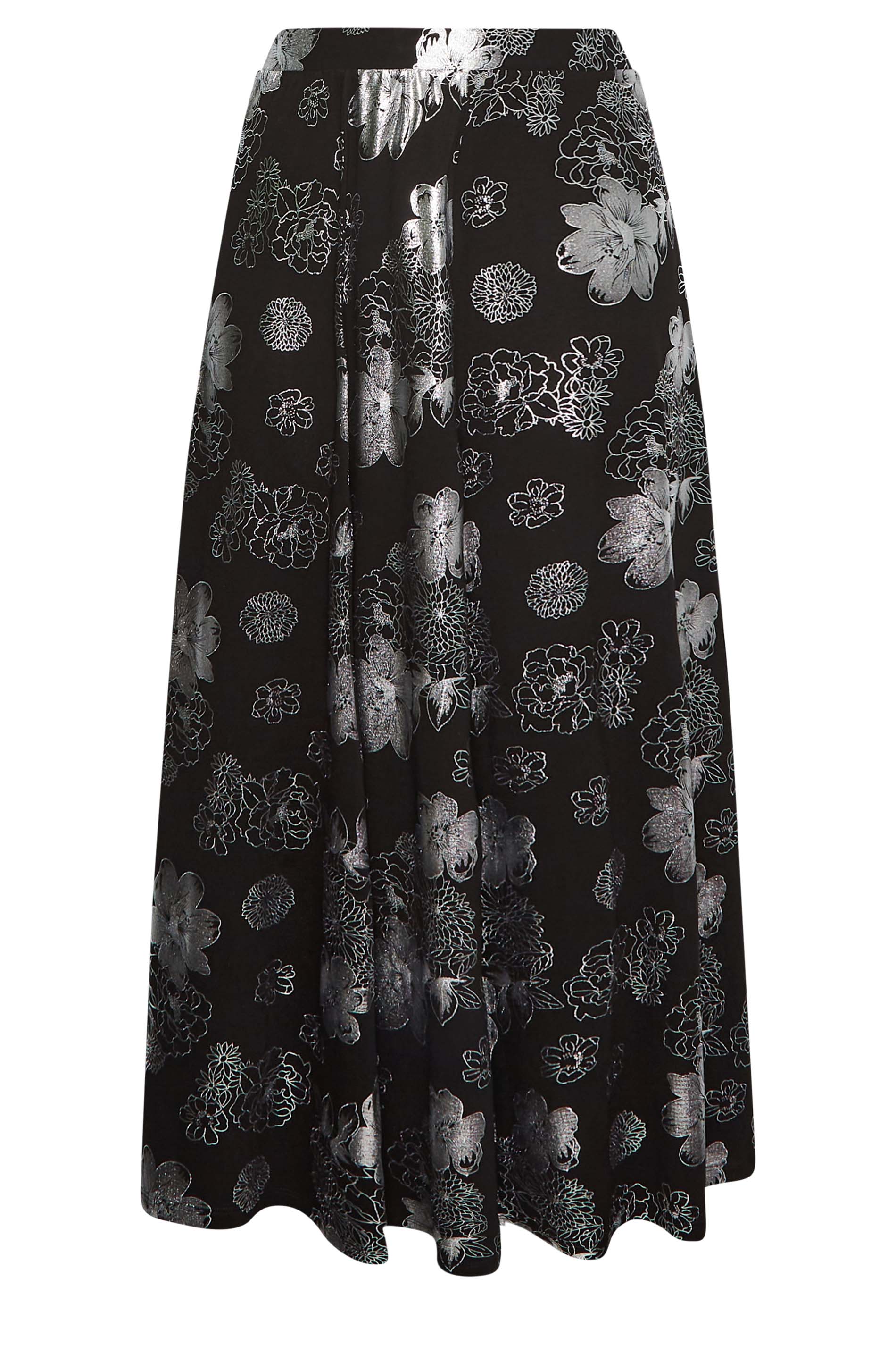 YOURS LUXURY Plus Size Black & Silver Floral Foil Printed Skirt | Yours Clothing 3