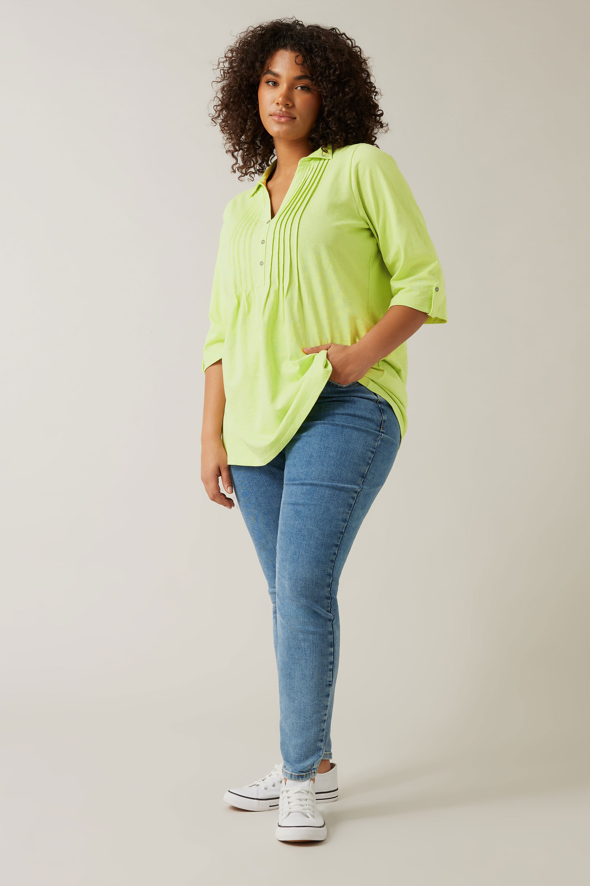 EVANS Plus Size Chartreuse Green Pintuck Henley Top | Evans 1