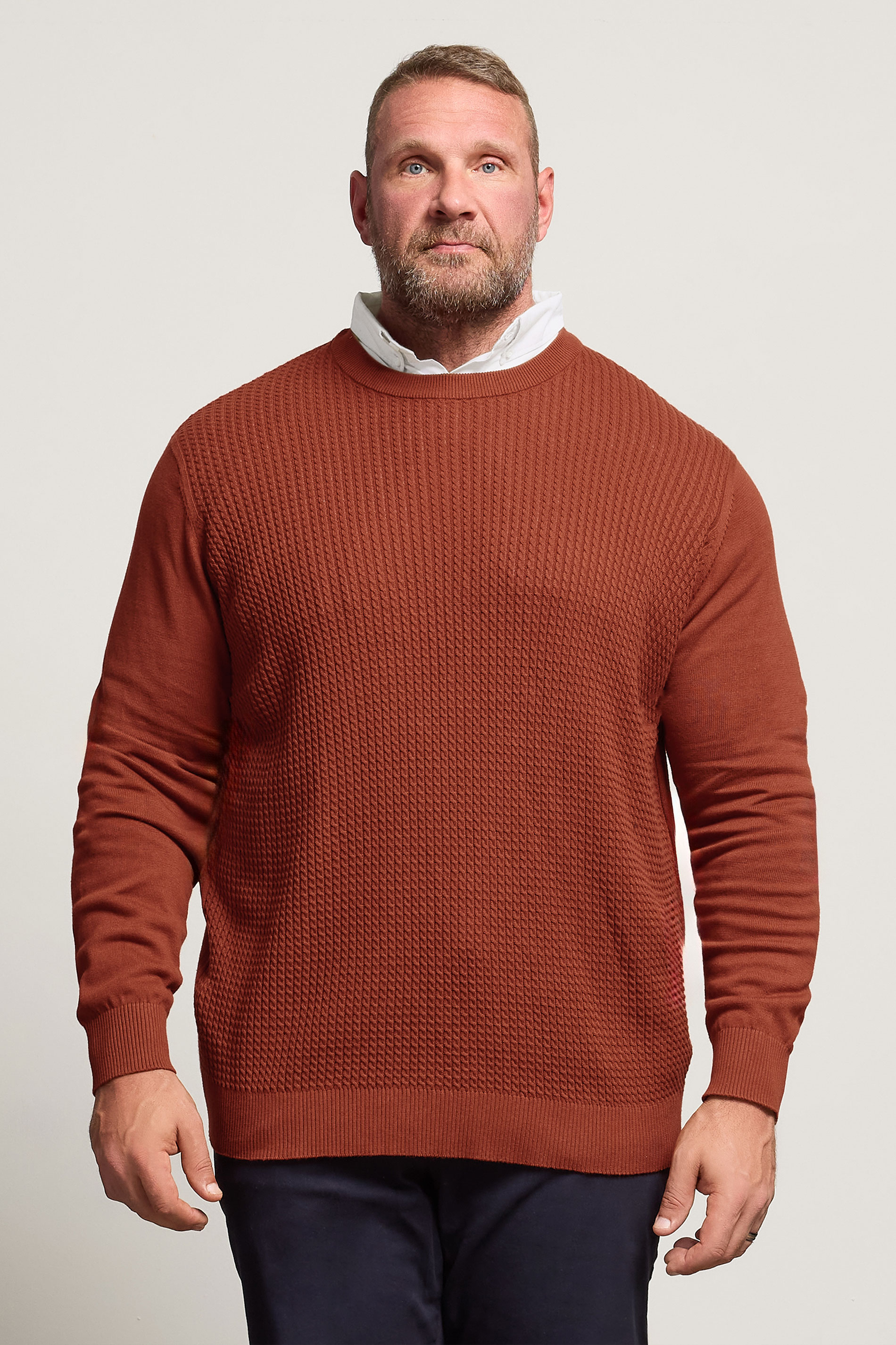 BadRhino Big & Tall Burnt Red Cable Knit Mock Shirt Jumper  3