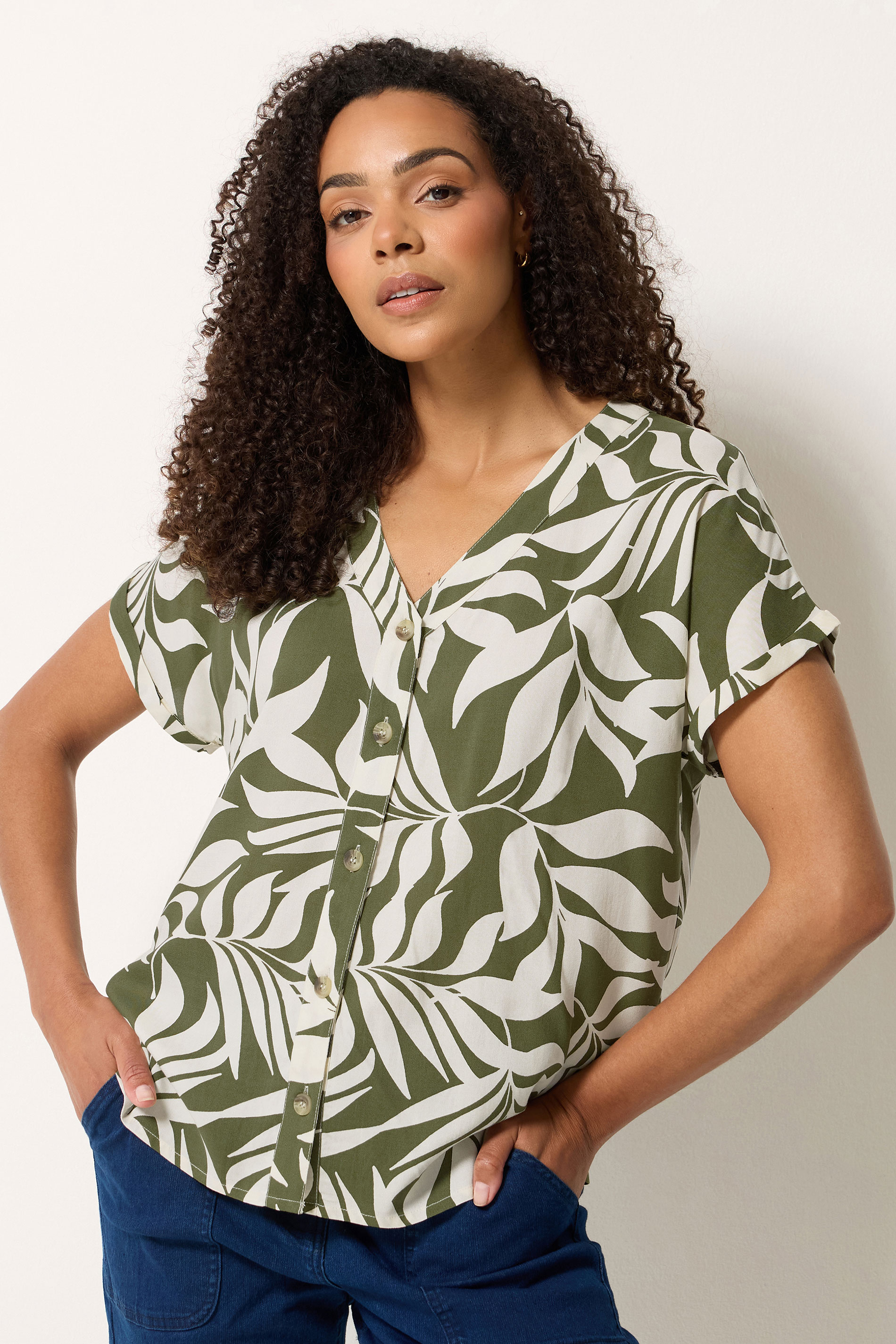 M&Co Khaki Green Leaf Print Short Sleeve Blouse | M&Co 3