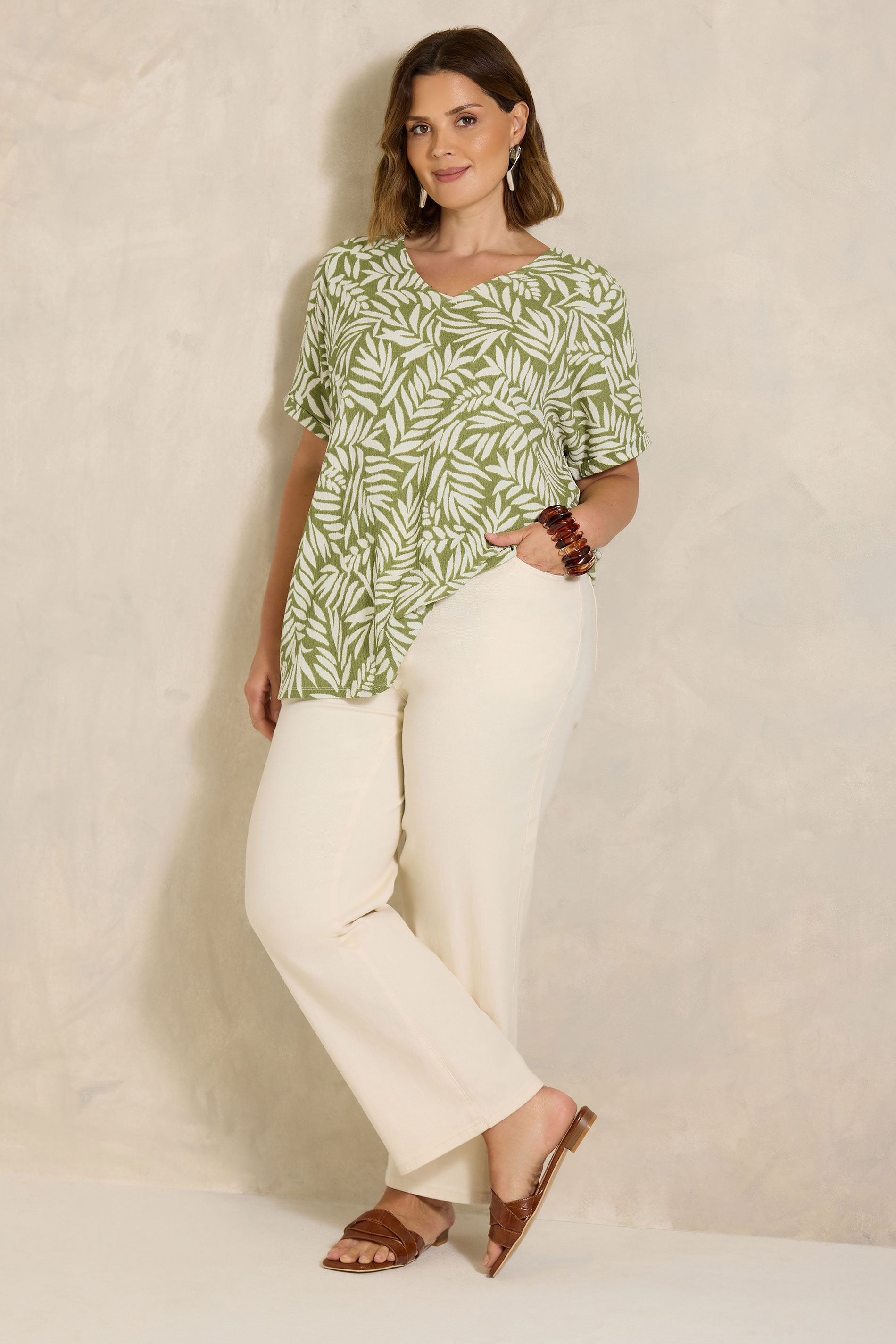 EVANS Plus Size Green Leaf Print Crinkle Blouse | Evans 1