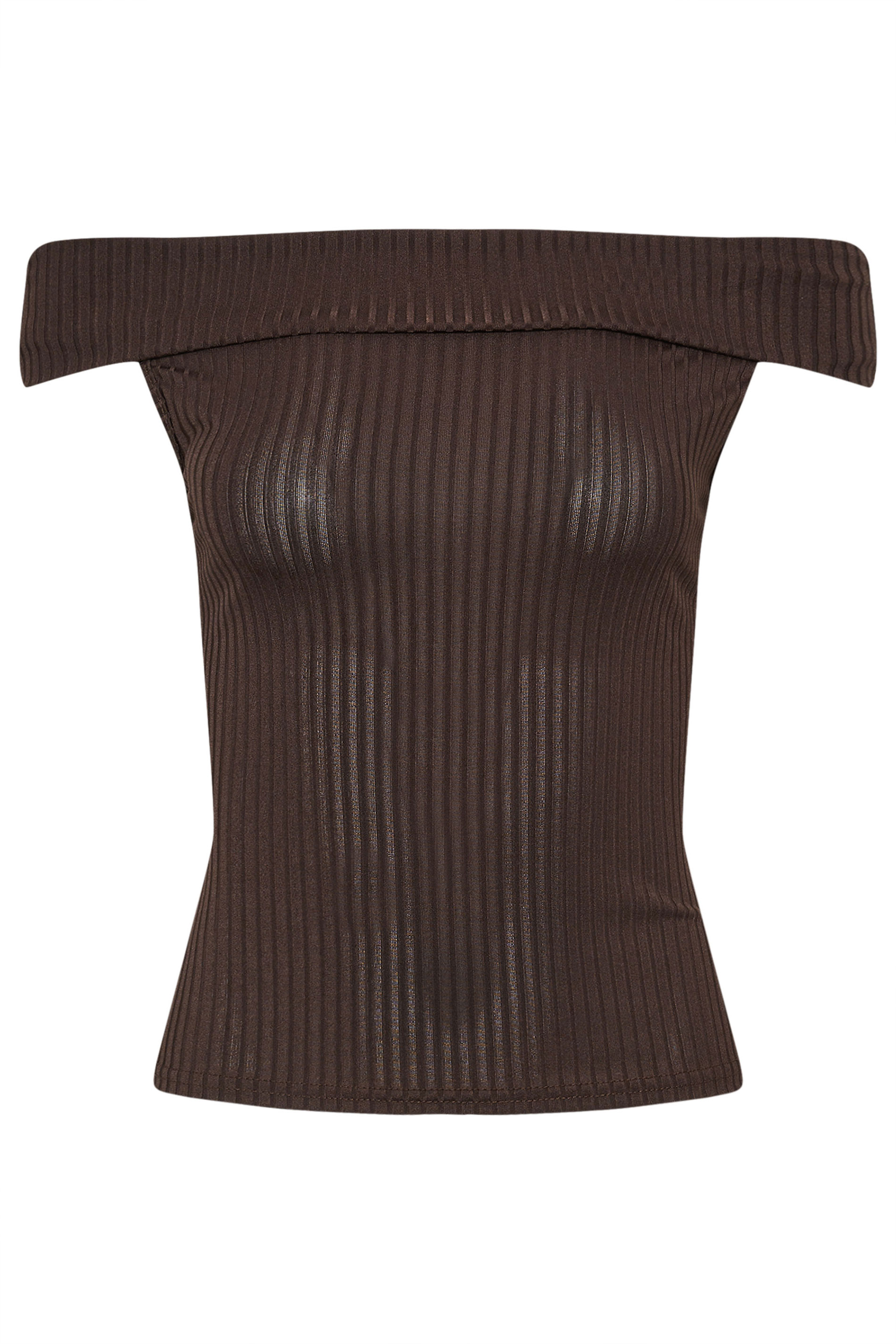 Petite Chocolate Brown Ribbed Bardot Top | PixieGirl  5