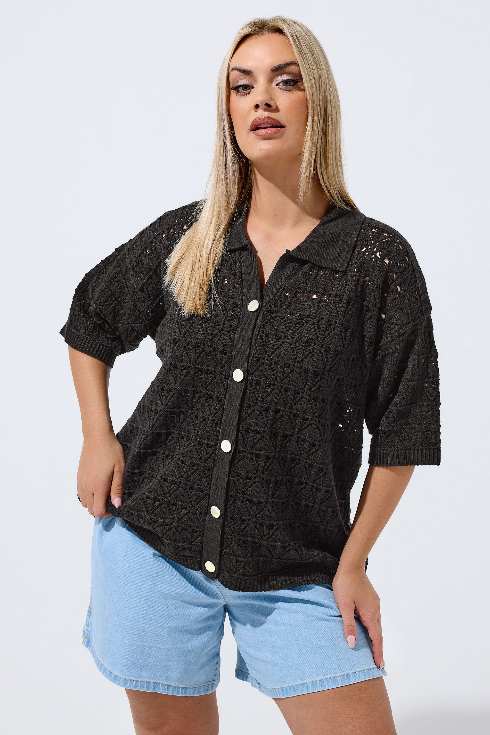 LIMITED COLLECTION Plus Size Black Crochet Shirt | Yours Clothing 3