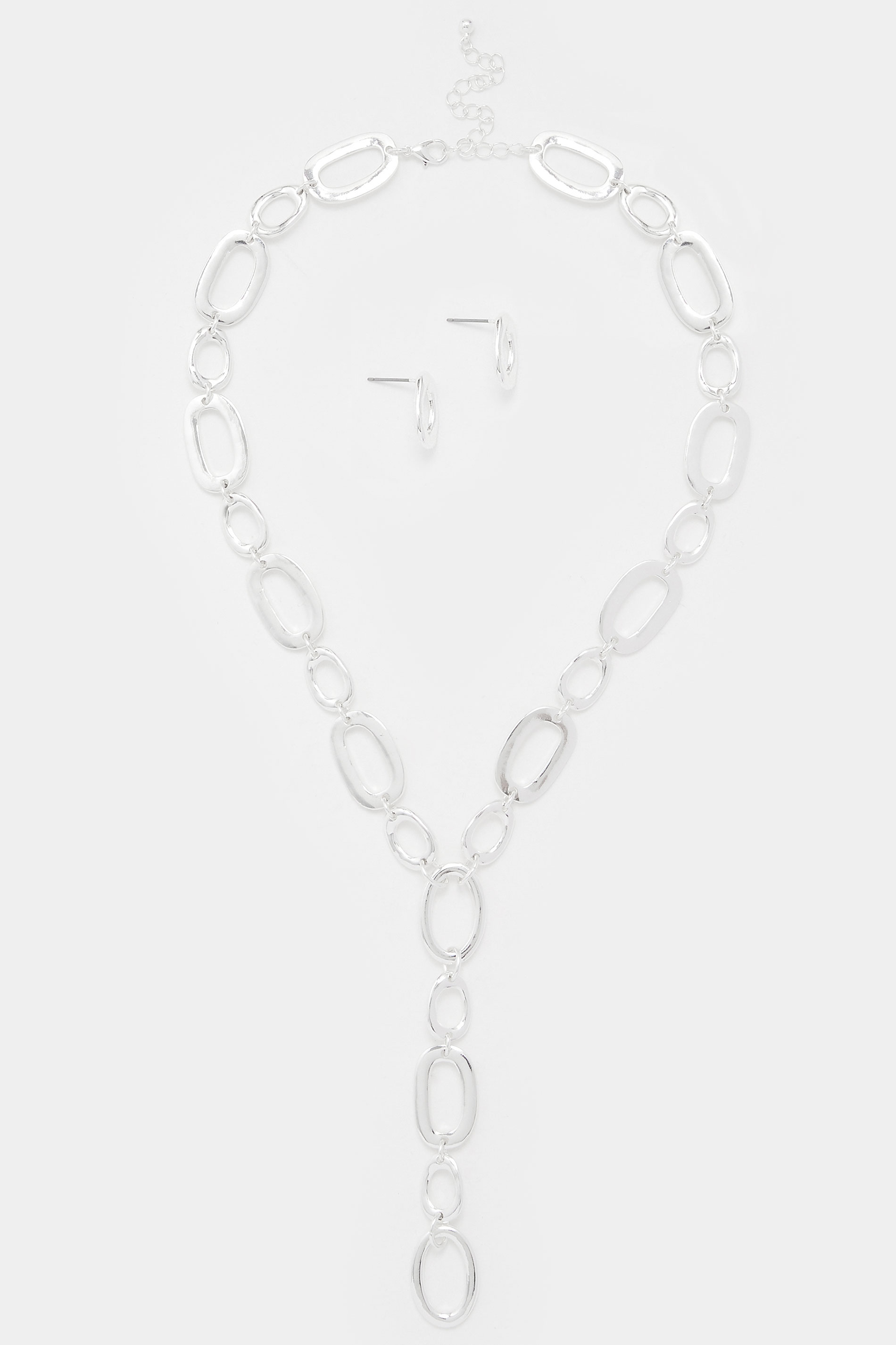 Silver Tone Link Lariat Necklace & Earring Set | Yours Clothing 3