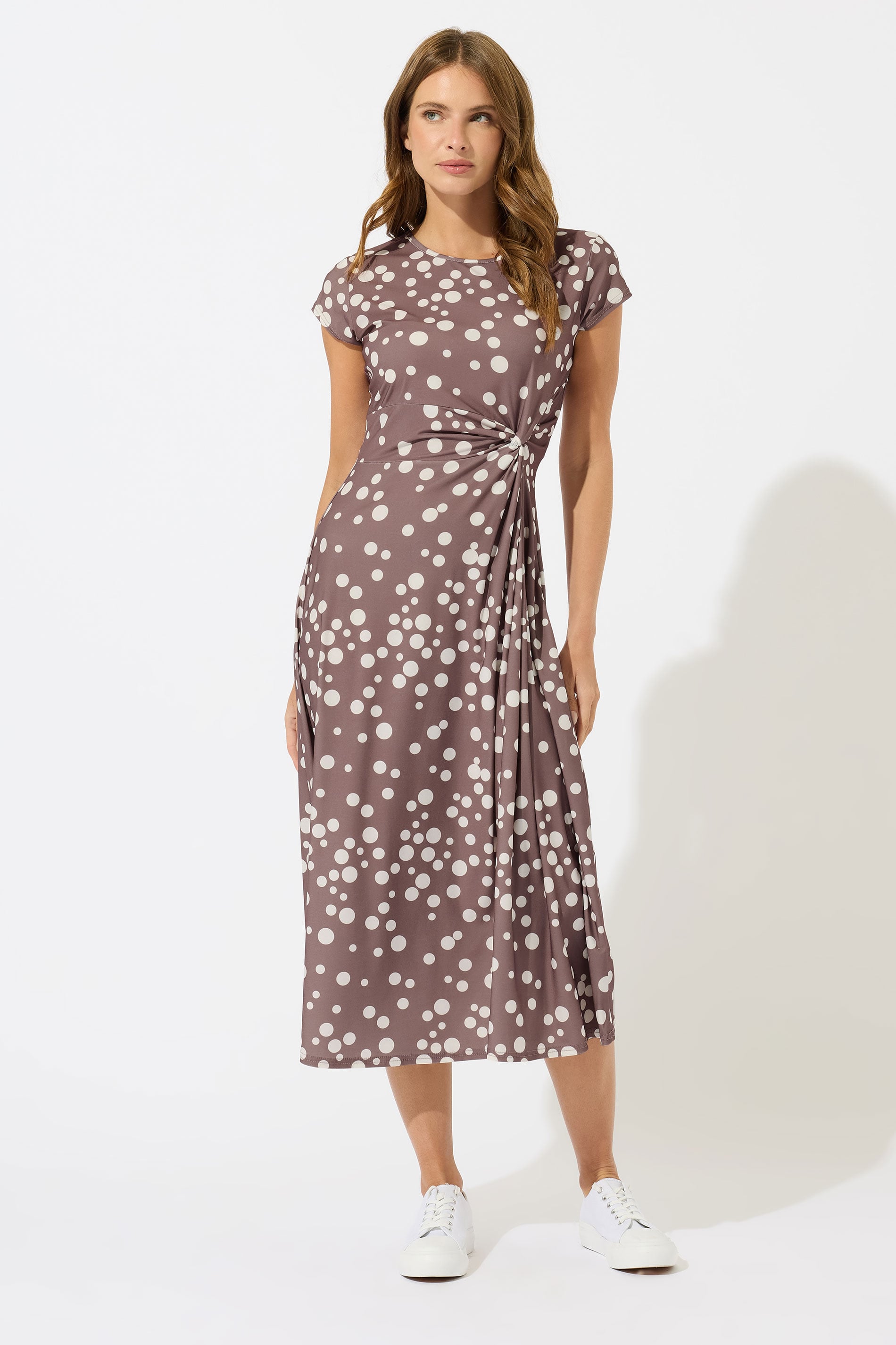 M&Co Mocha Brown Polka Dot Side Twist Midi Dress | M&Co 2