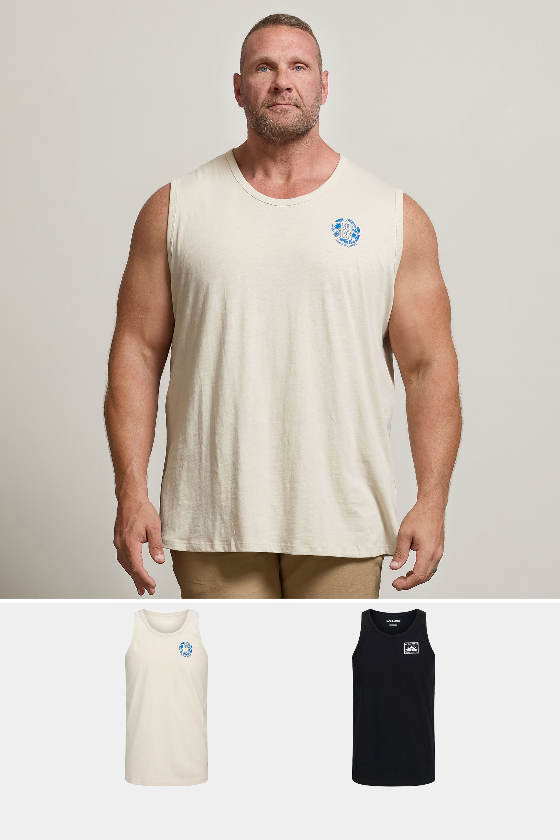 JACK & JONES Big & Tall 2 PACK Moonbeam White & Black Vests | BadRhino 3