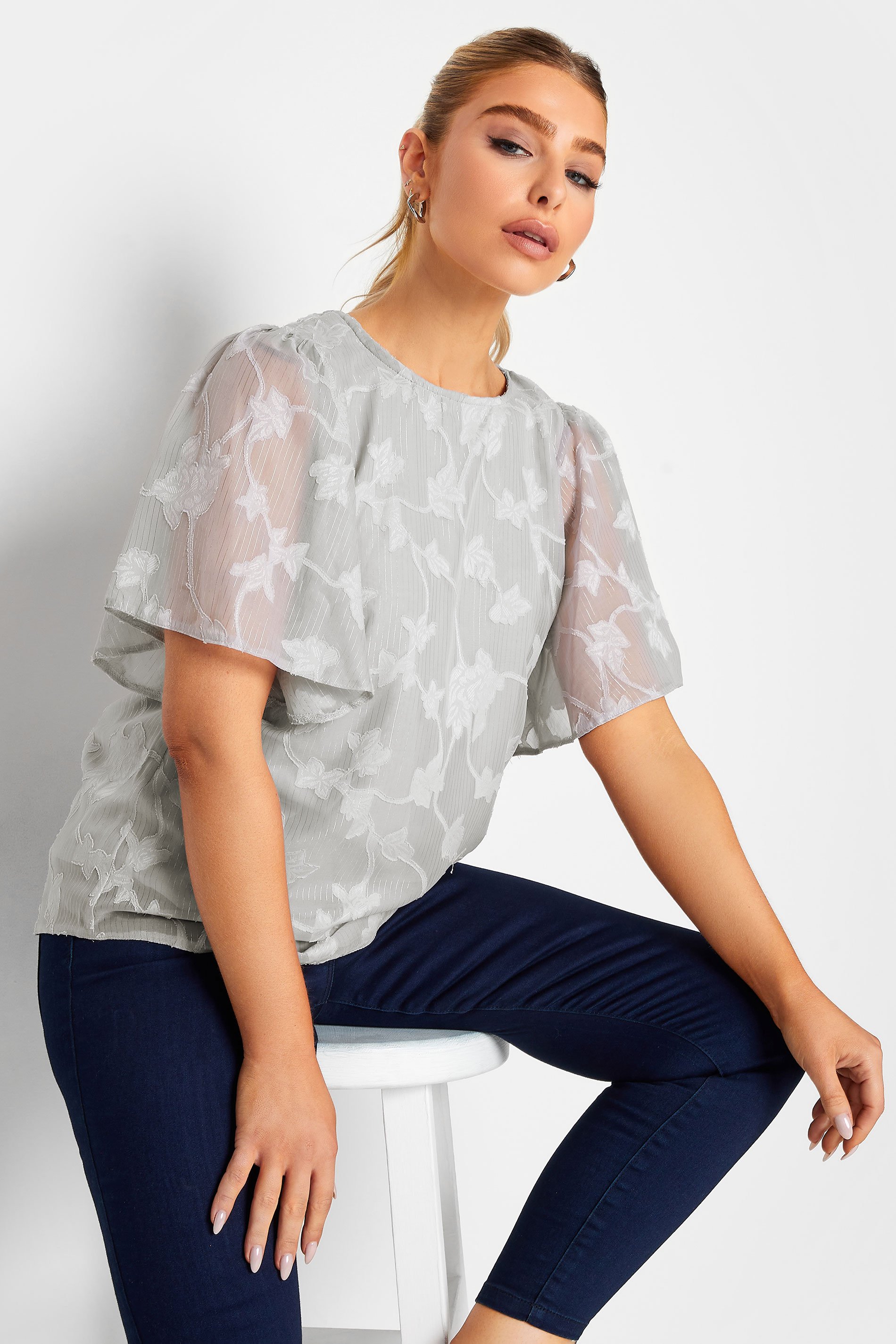 M&Co Grey Floral Shimmer Angel Sleeve Blouse | M&Co 1