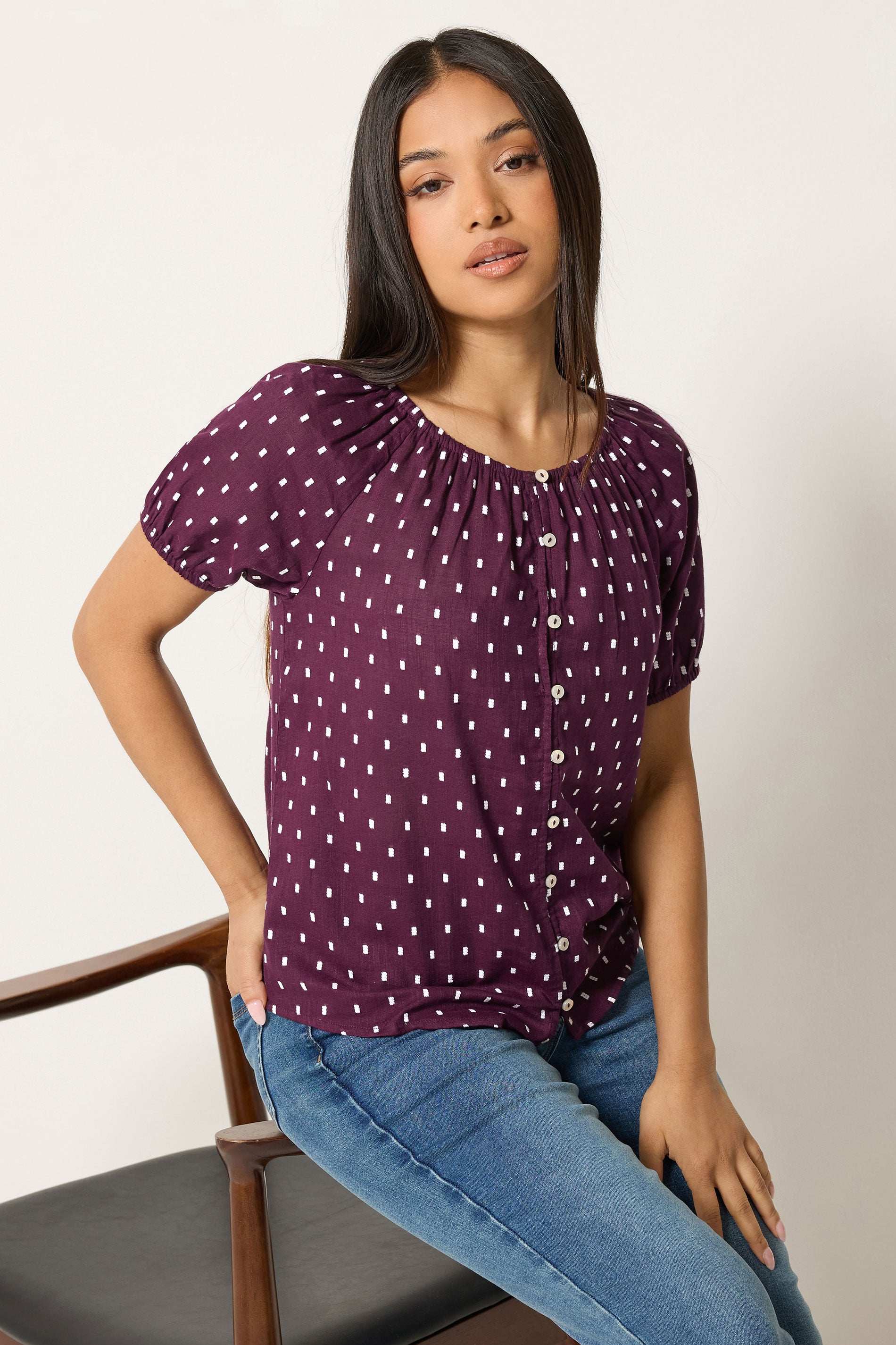 M&Co Petite Women's Purple Dobby Button Blouse | M&Co 3