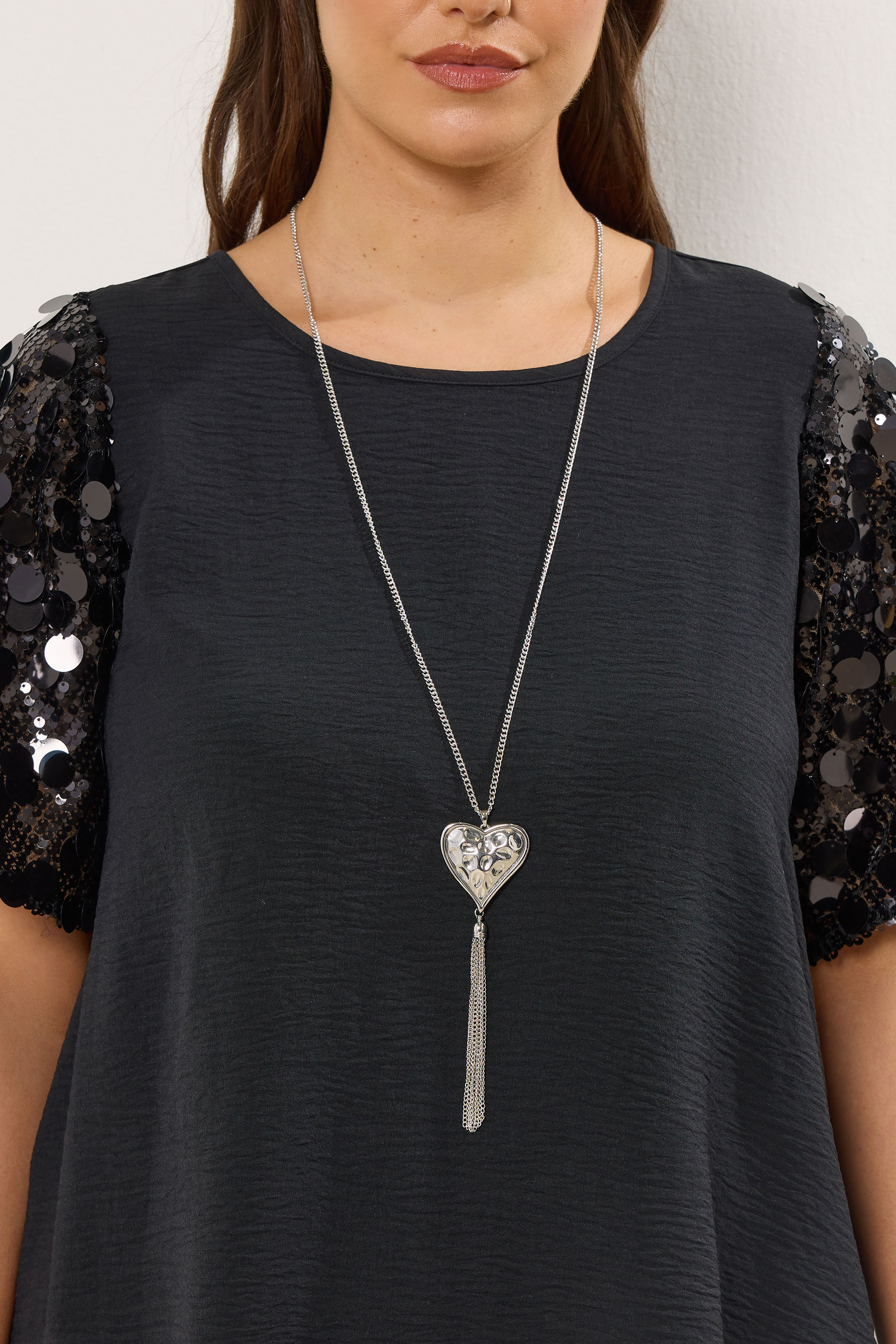 Women's Silver Yours Tone Long Heart Tassel Necklace Size One Size