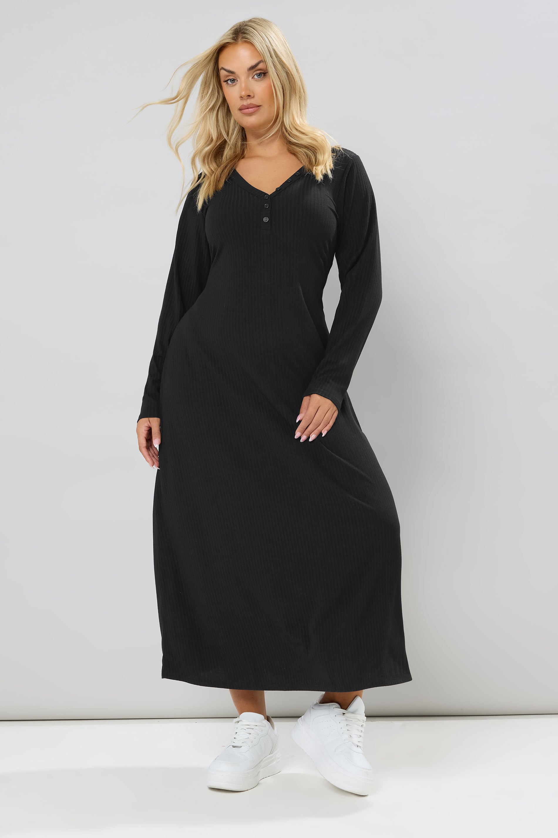 YOURS Plus Size Black Ribbed Henley Maxi Dress | Yours Clothing 1