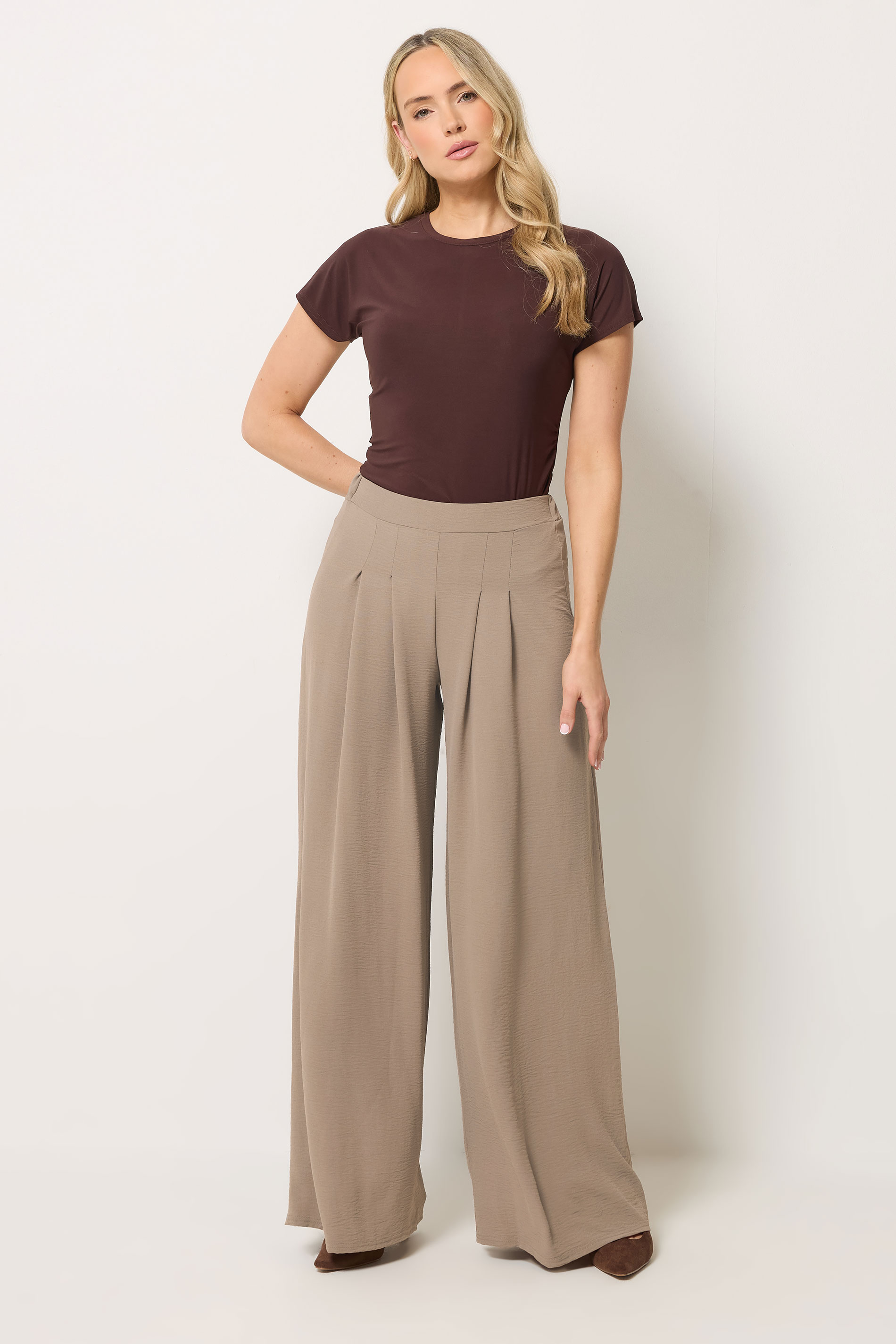 LTS Tall Women's Mocha Brown Pleated Palazzo Wide Leg Trousers | Long Tall Sally 3