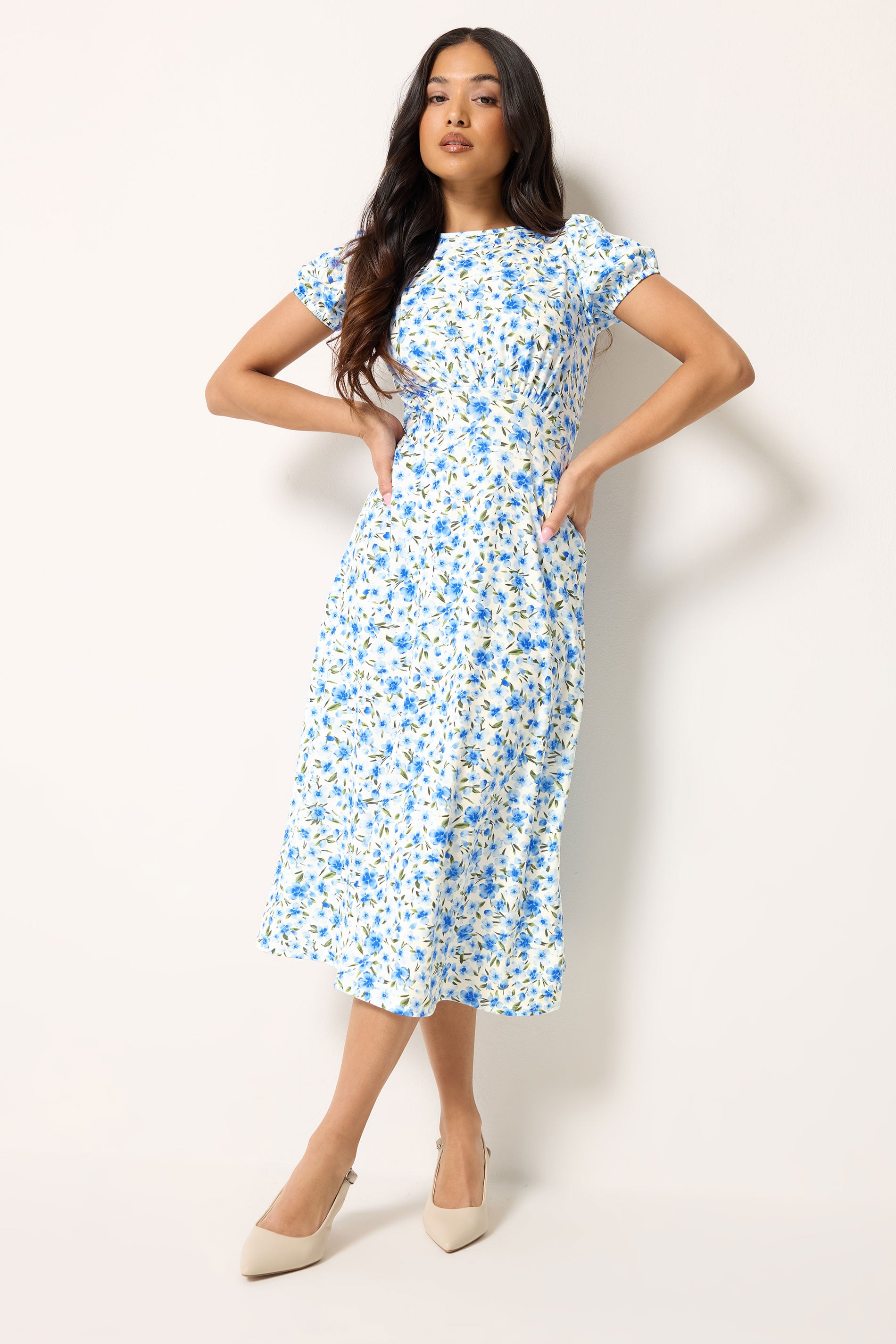 PixieGirl Petite Blue Floral Midi Dress | PixieGirl 1