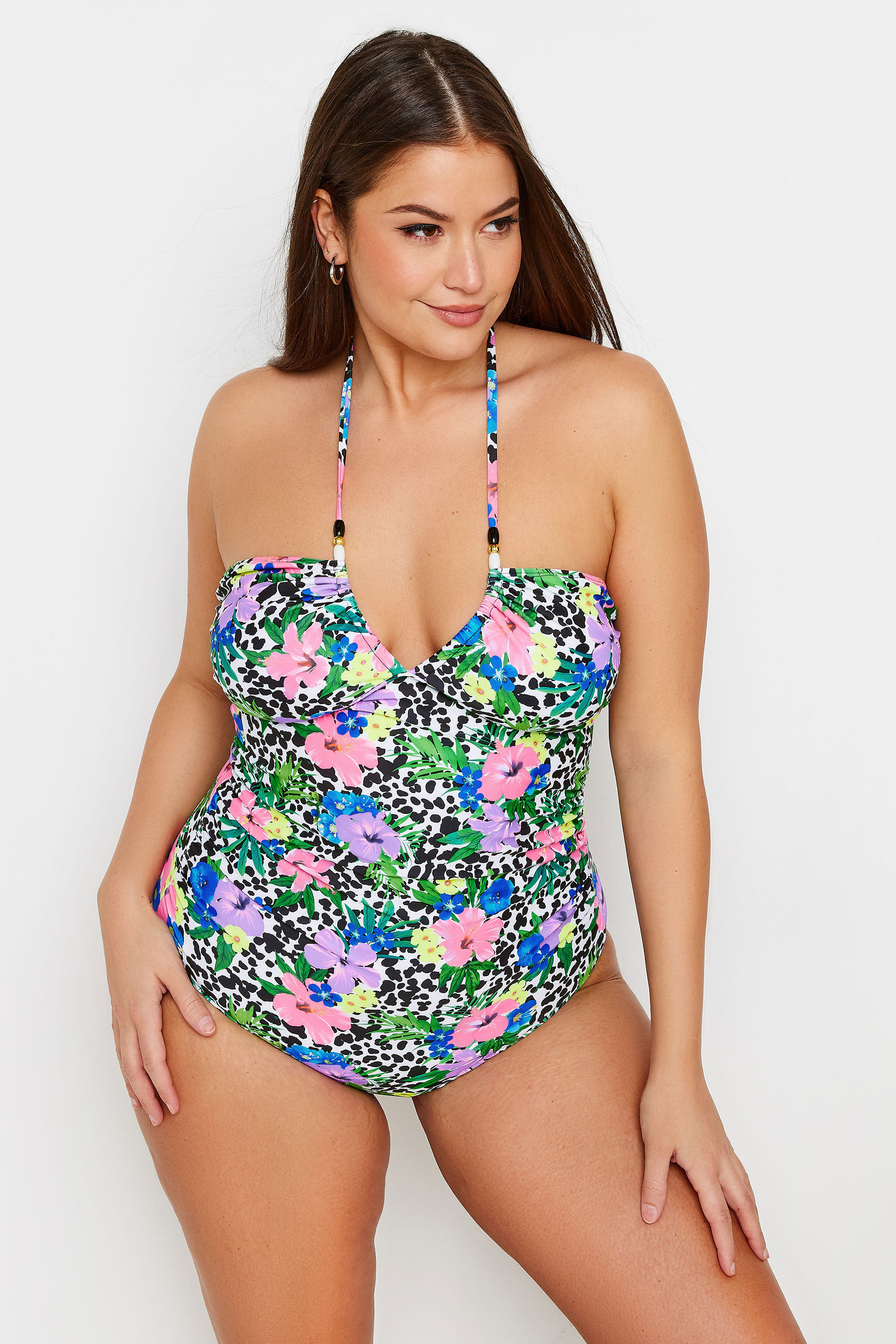 YOURS Plus Size White Floral Dalmatian Print Halter Neck Swimsuit | Yours Clothing 2