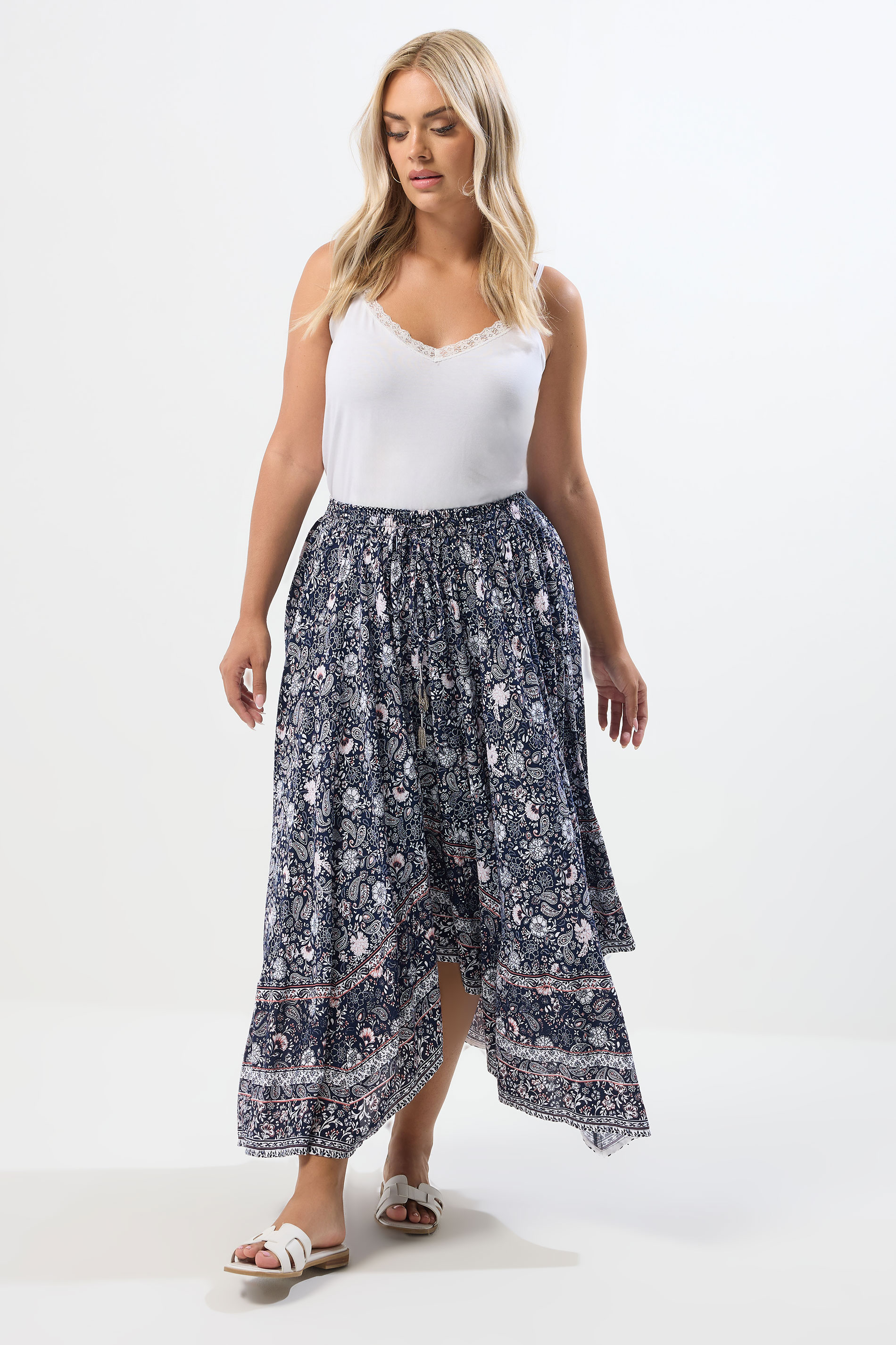 YOURS Plus Size Navy Blue Paisley Hanky Hem Skirt | Yours Clothing 1