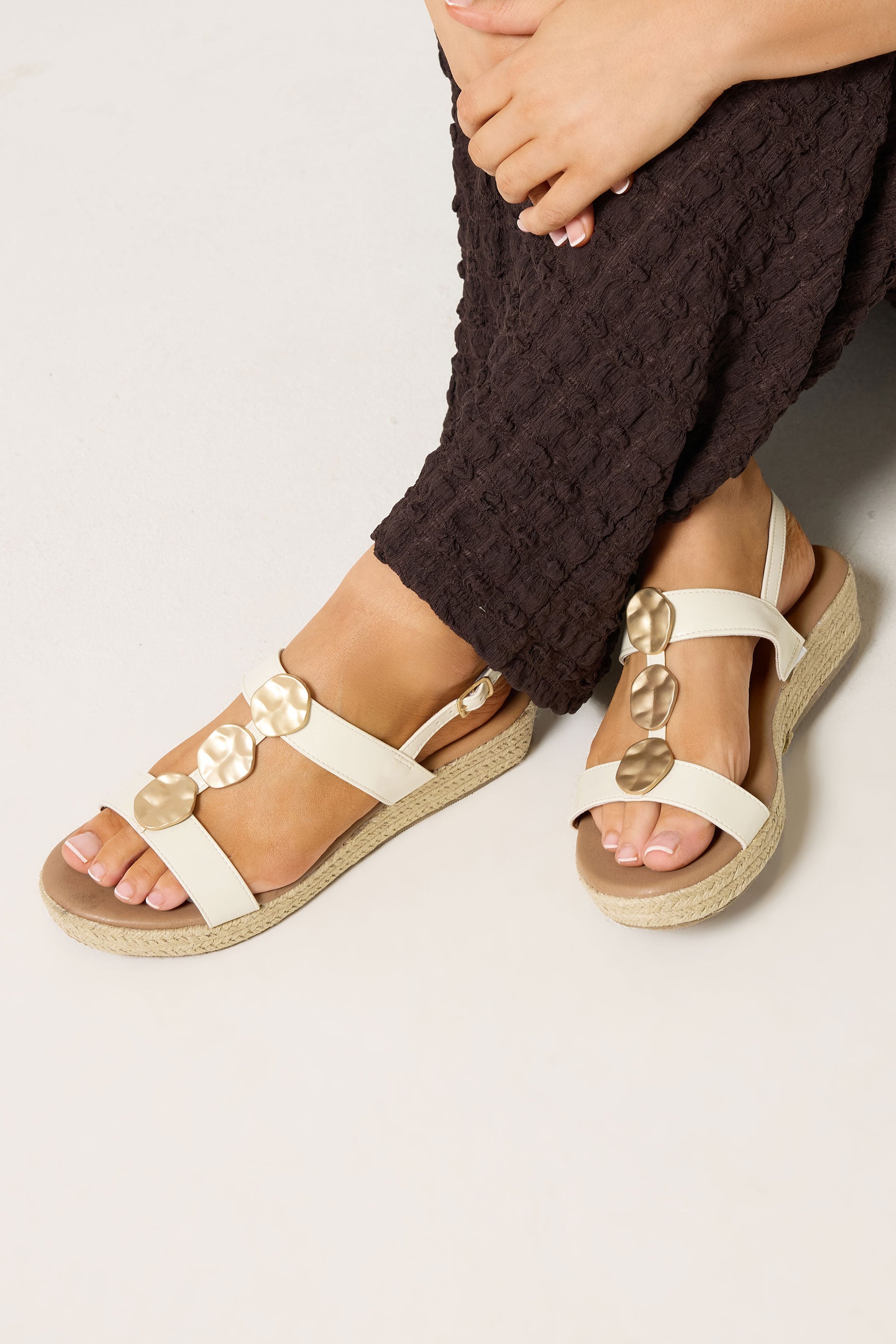 White Hammered Disk Wedge Sandals In Wide E Fit | Yours Clothing 1
