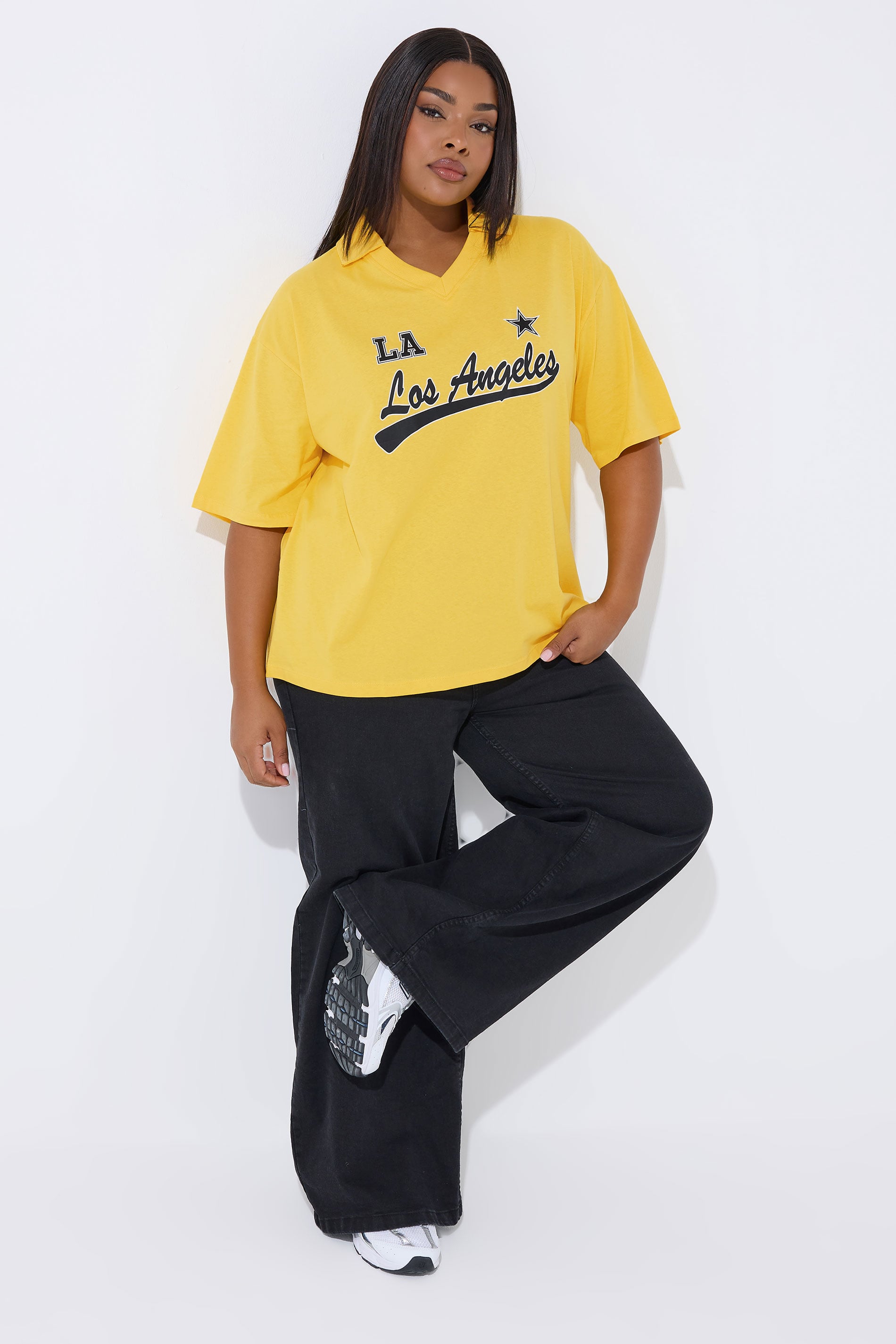 LIMITED COLLECTION Plus Size Yellow 'Los Angeles' Rugby Collar Varsity Top | Yours Clothing 3