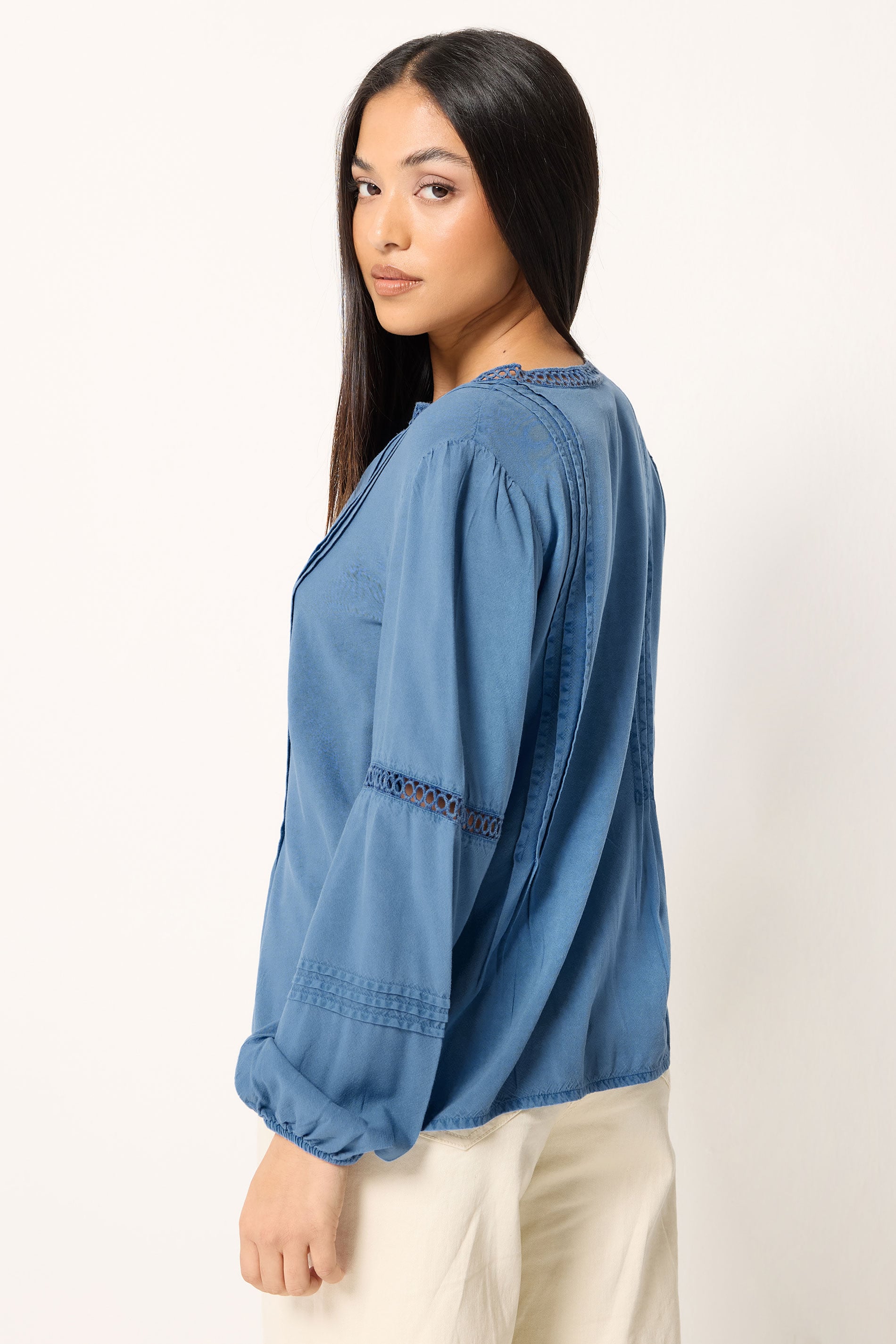 M&Co Petite Blue Lace Trim Pintuck Blouse | M&Co 2