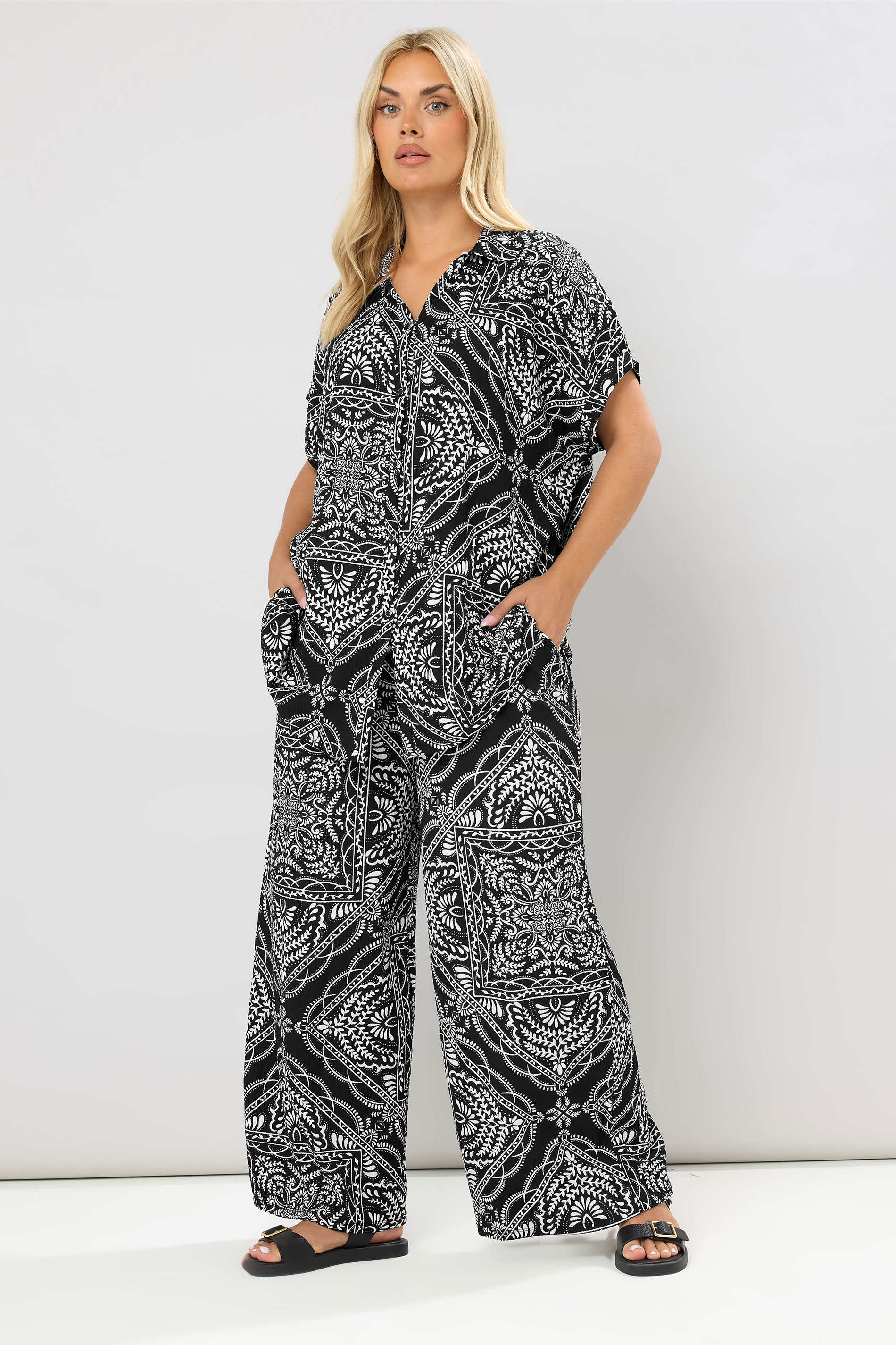 YOURS Plus Size Black & White Bandana Print Textured Shirt | Yours Clothing 1