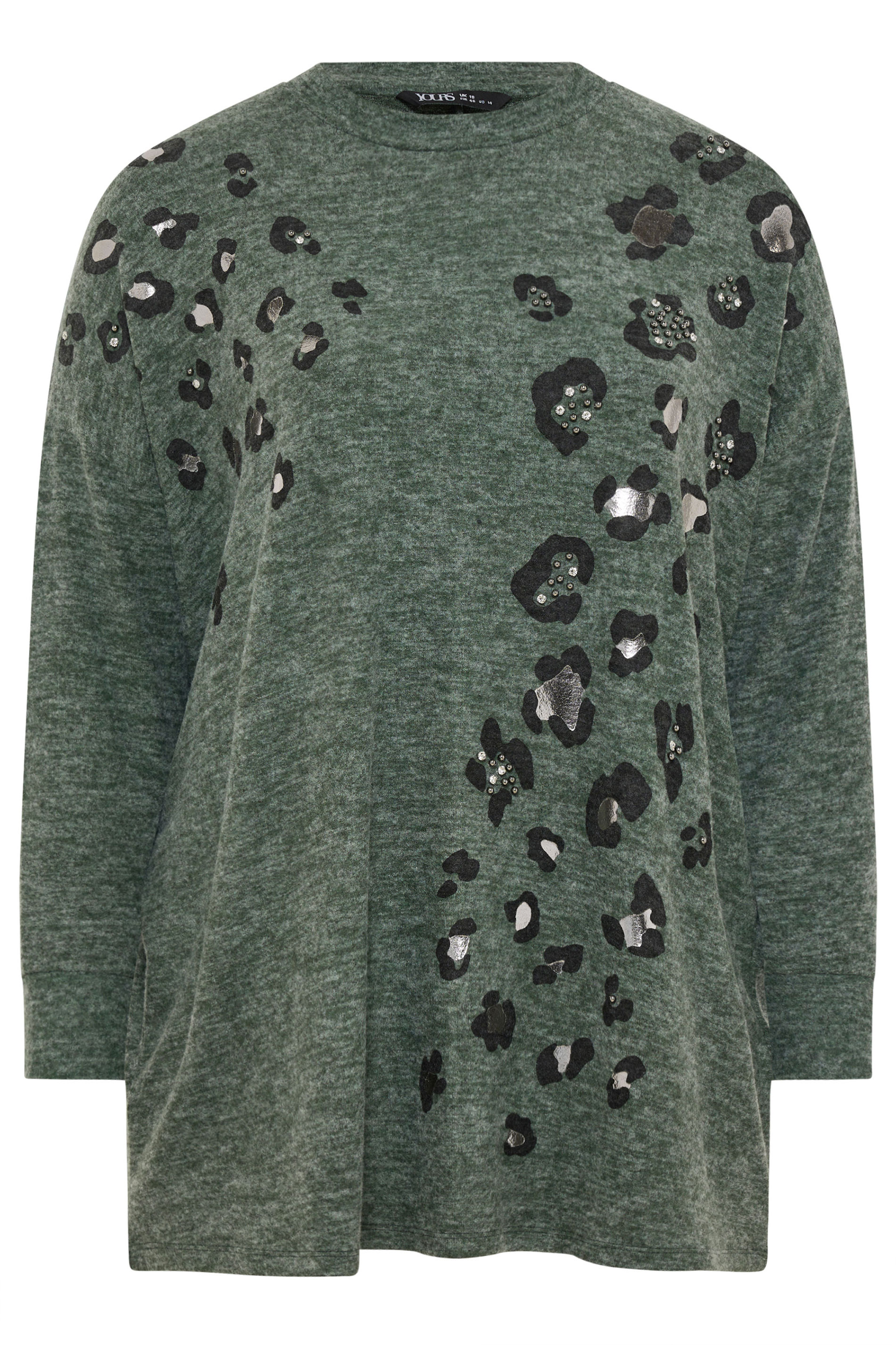 YOURS Plus Size Green Leopard Animal Print Stud Jumper | Yours Clothing 5