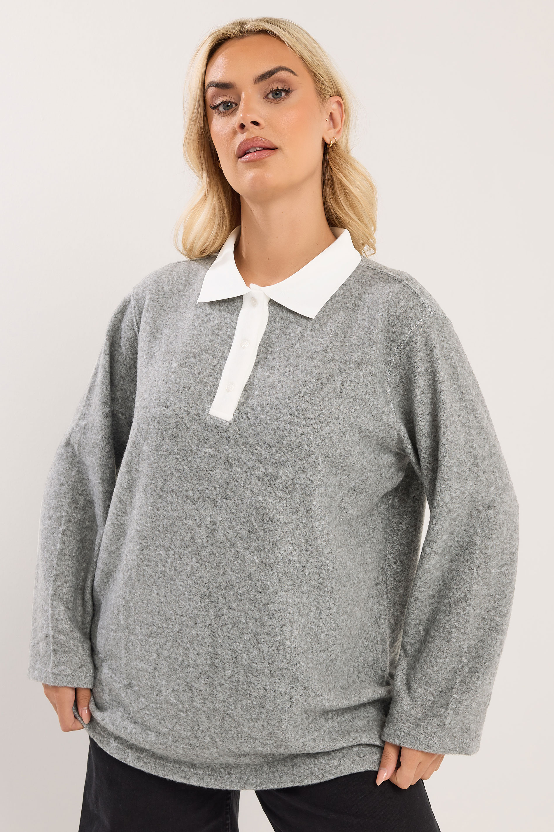 YOURS Plus Size Grey Long Sleeve Rugby Collar Top | Yours Clothing 1