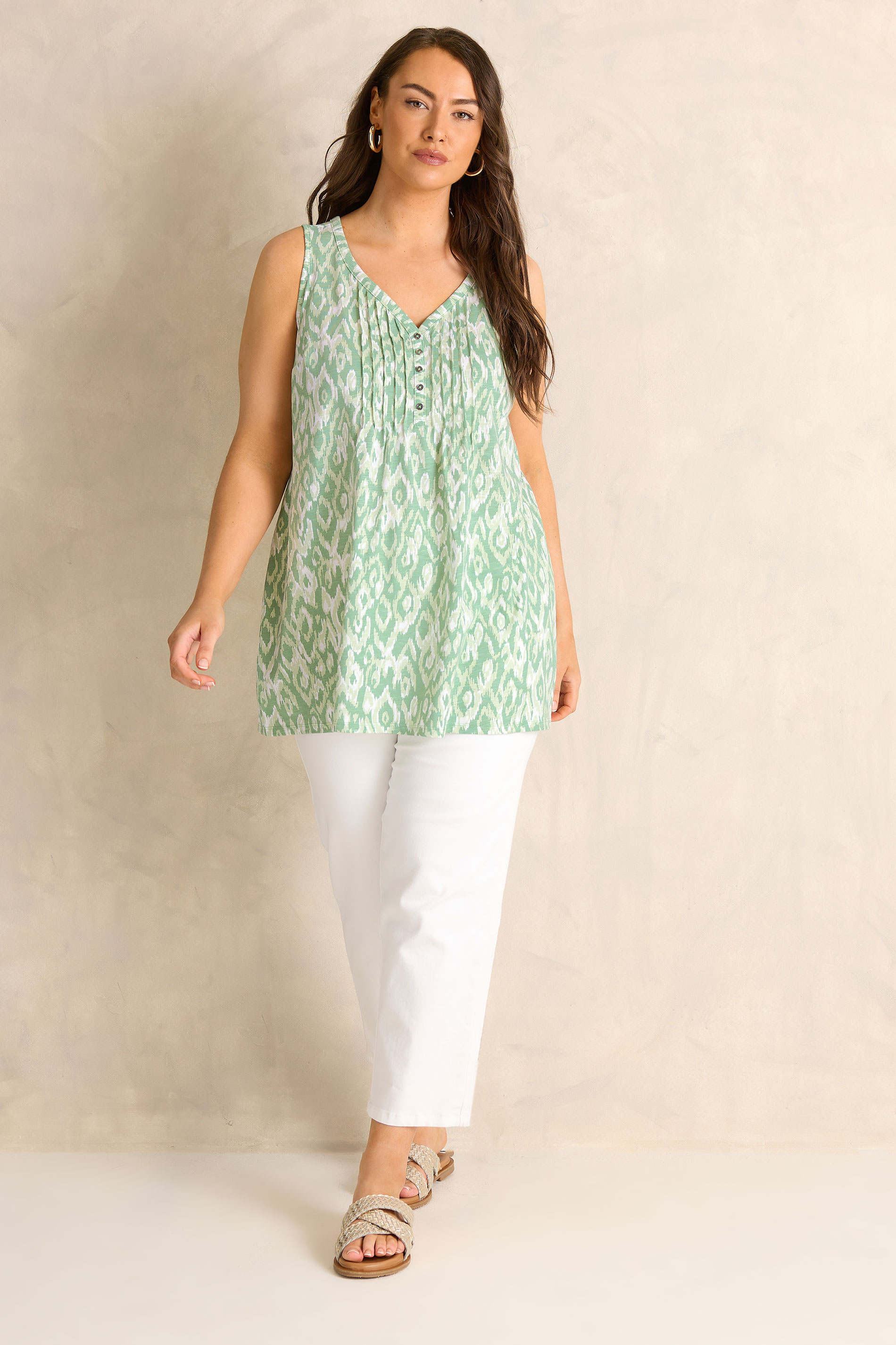 EVANS Plus Size Green Ikat Print Sleeveless Henley Top | Evans 2
