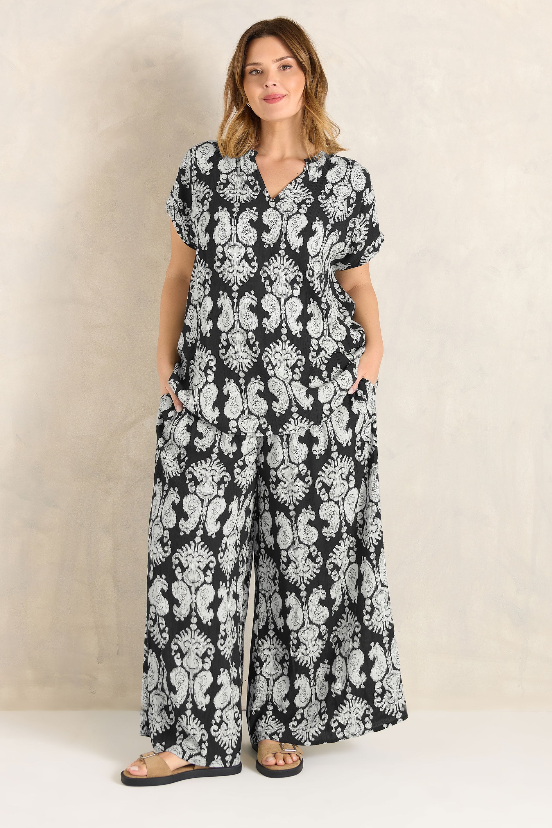 EVANS Plus Size Black Abstract Print Frill Neck Blouse | Evans 1