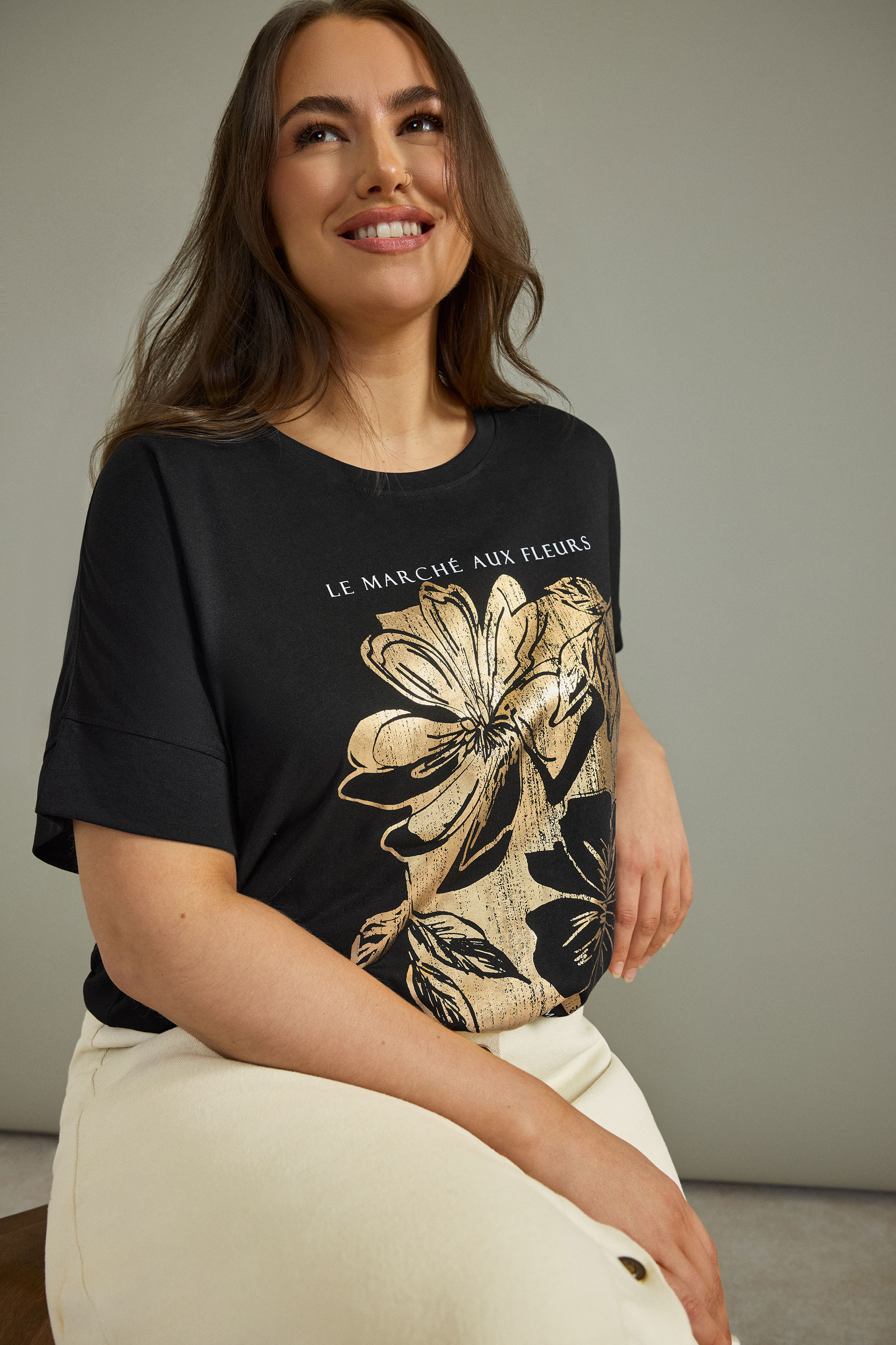 EVANS Plus Size Black Metallic Floral Print Modal Rich T-Shirt | Evans 6