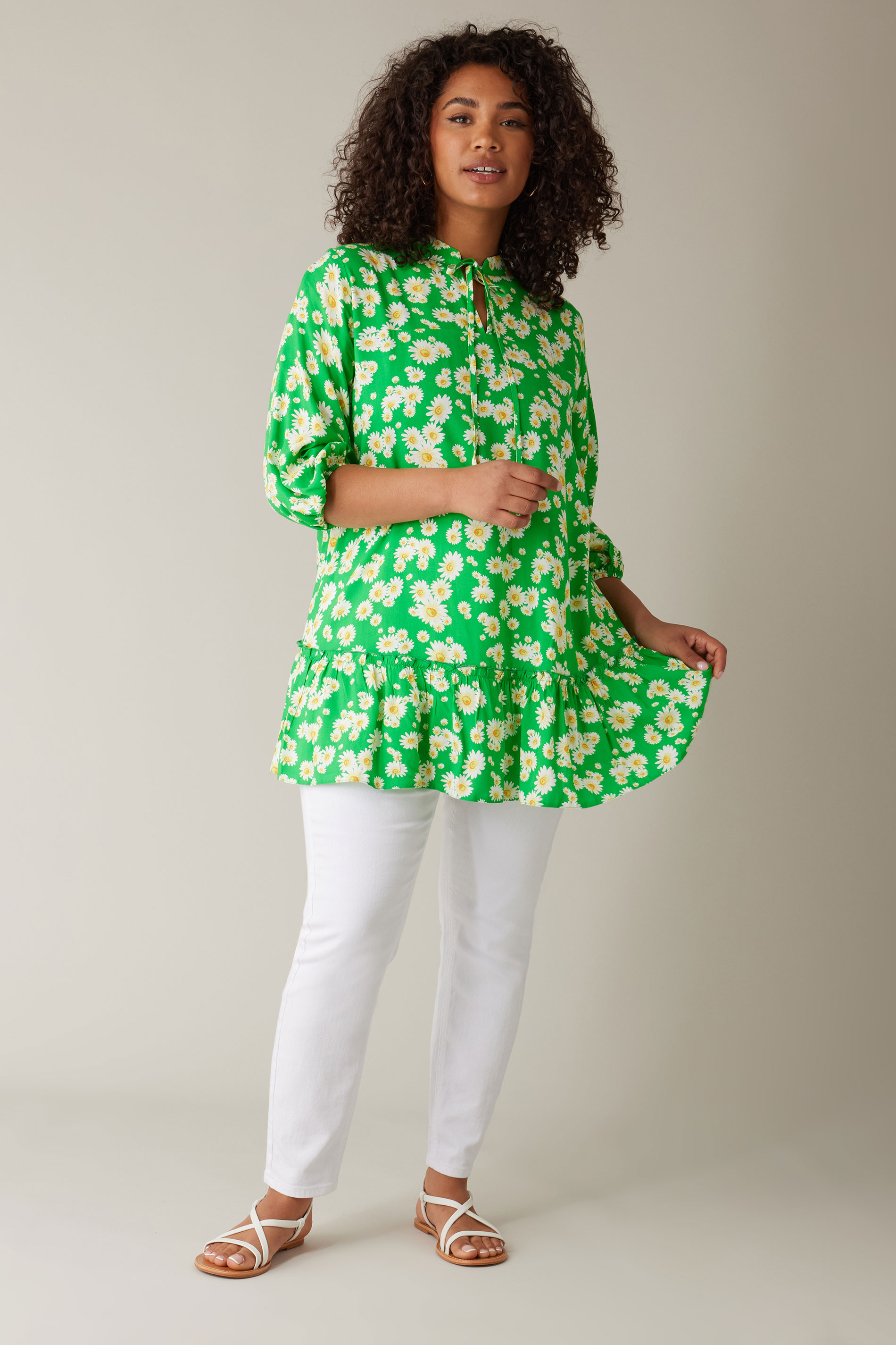 EVANS Curve Green Floral Tie Neck Blouse 1