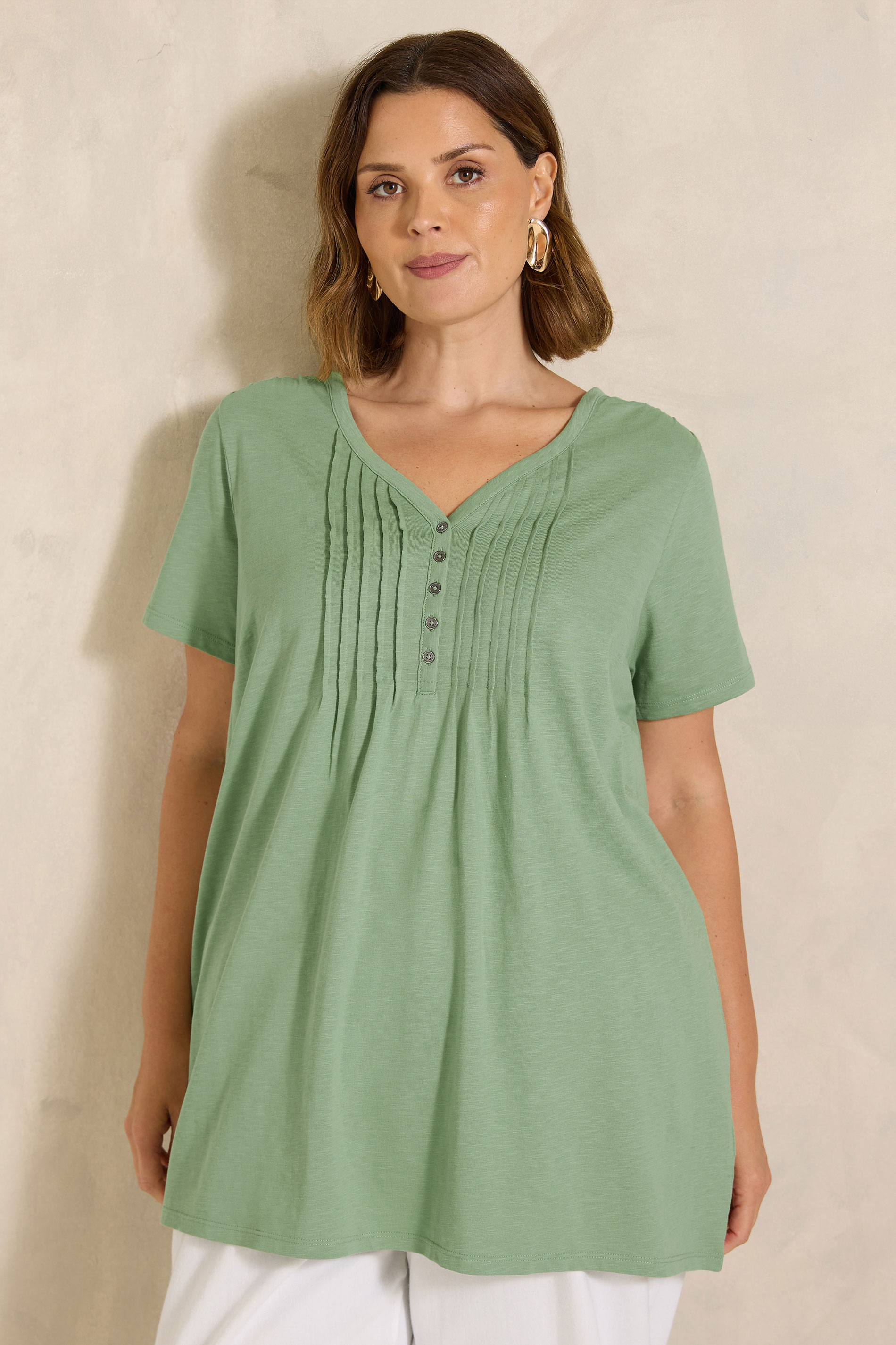 EVANS Plus Size Sage Green Short Sleeve Cotton Henley Top | Evans 3