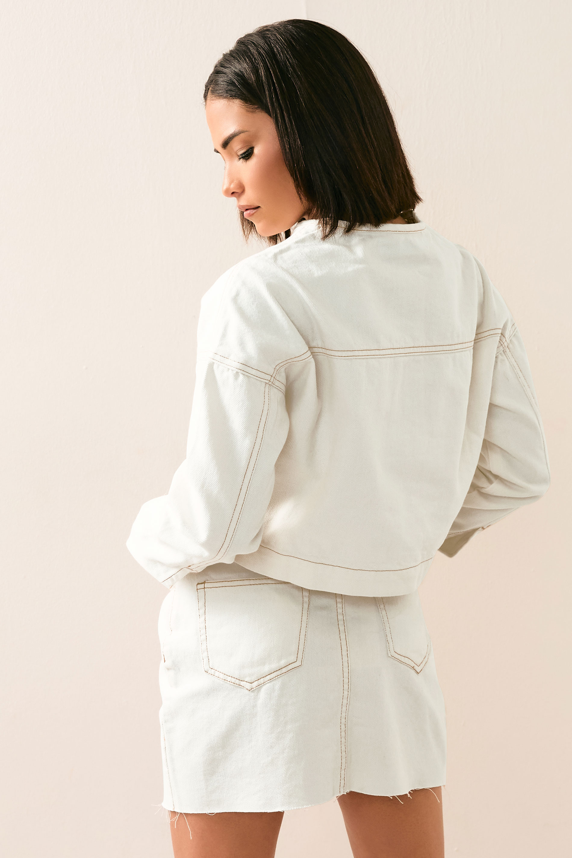 PixieGirl Petite Women's Cream Denim Contrast Stitch Mini Skirt | PixieGirl 2