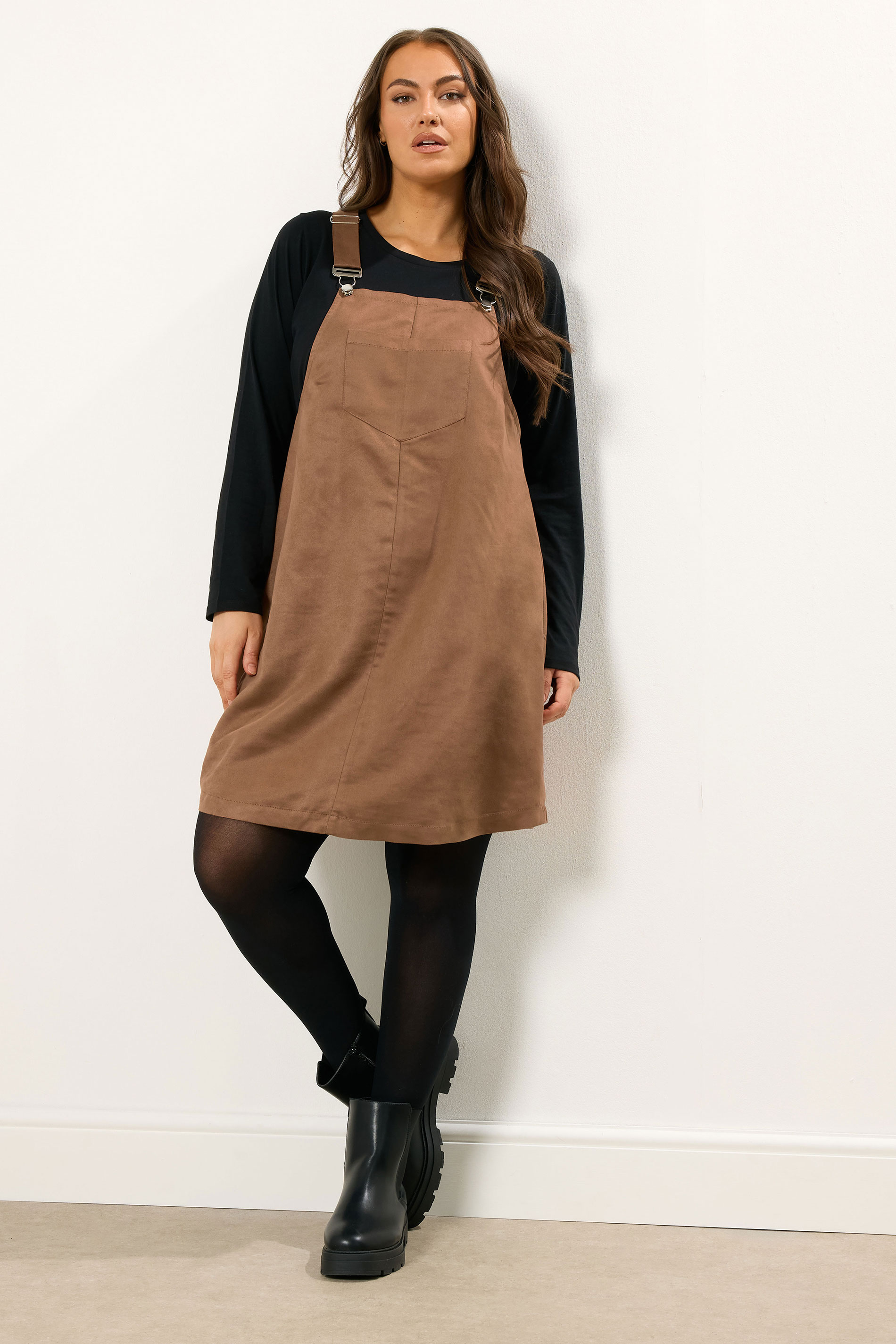 YOURS Plus Size Brown Faux Suede Pinafore Dress | Yours Clothing 1