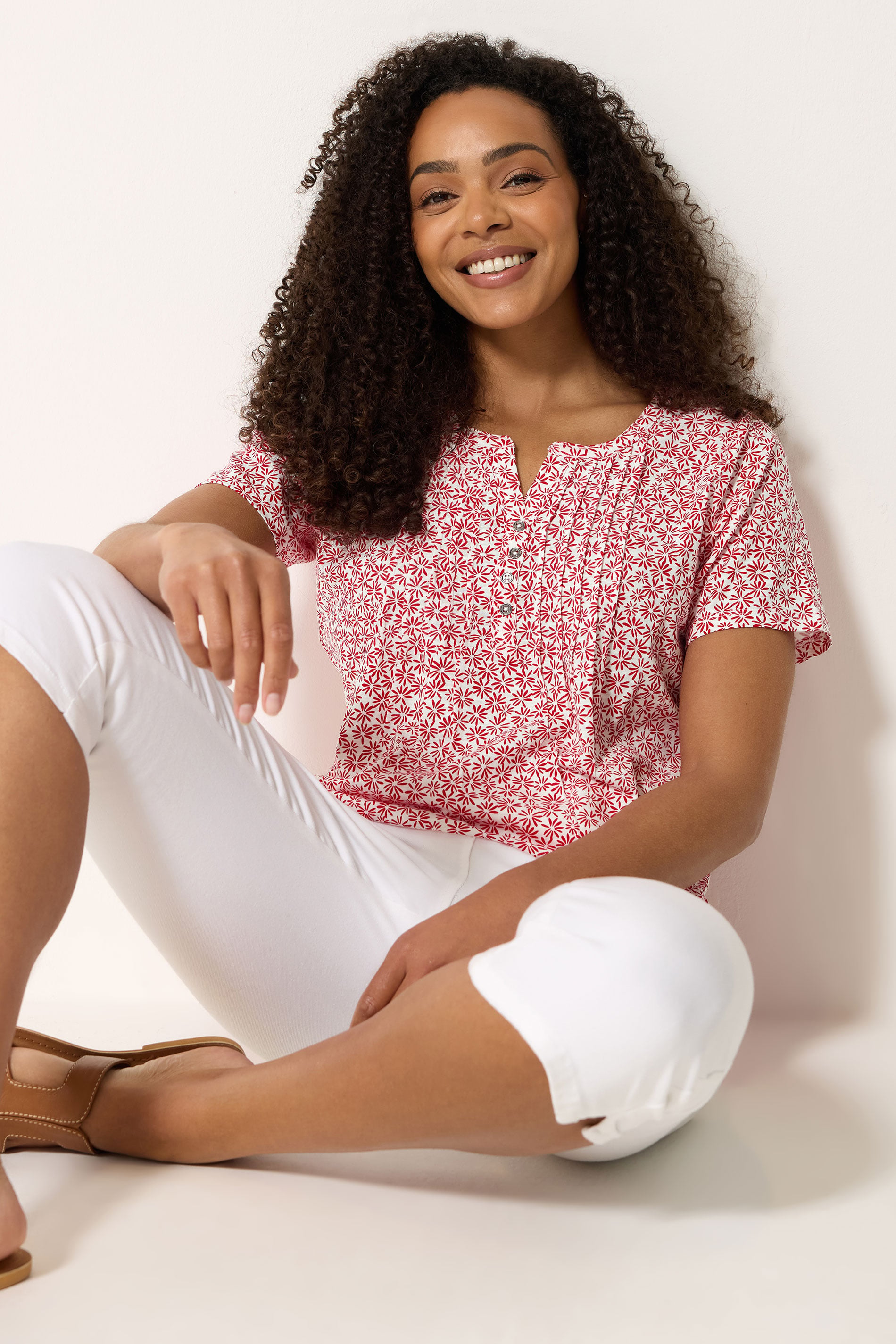 M&Co Red Floral Cotton Henley Top | M&Co 3