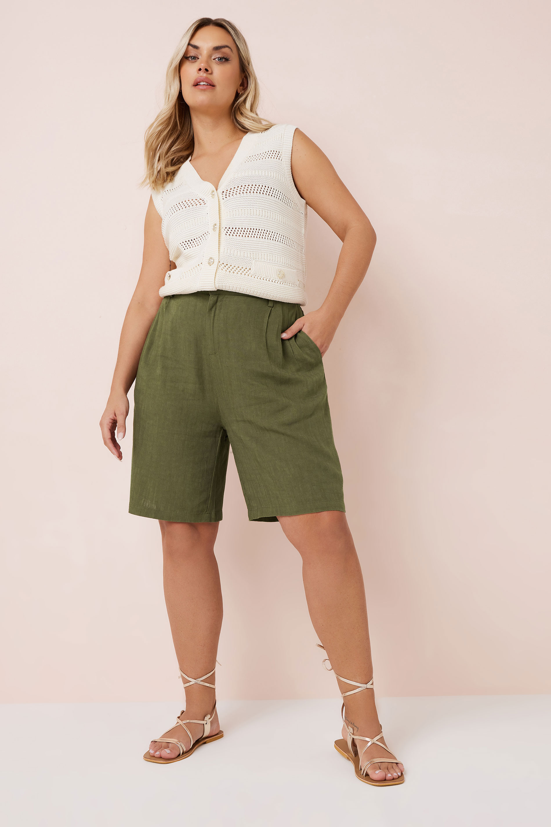 YOURS Plus Size Khaki Green Linen Bermuda Shorts | Yours Clothing 4
