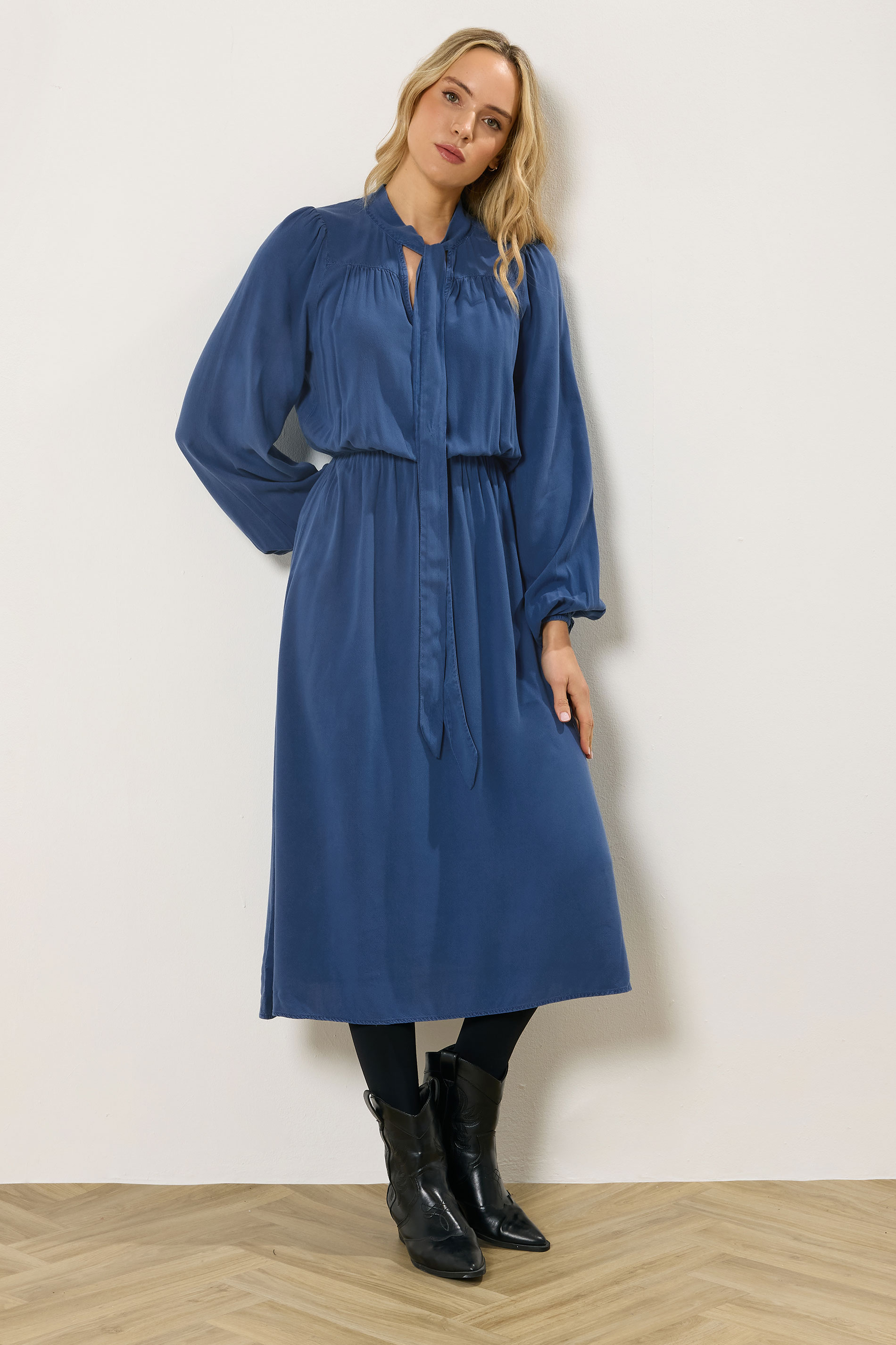 LTS Tall Blue Acid Wash Tie Neck Midi Dress | Long Tall Sally 2