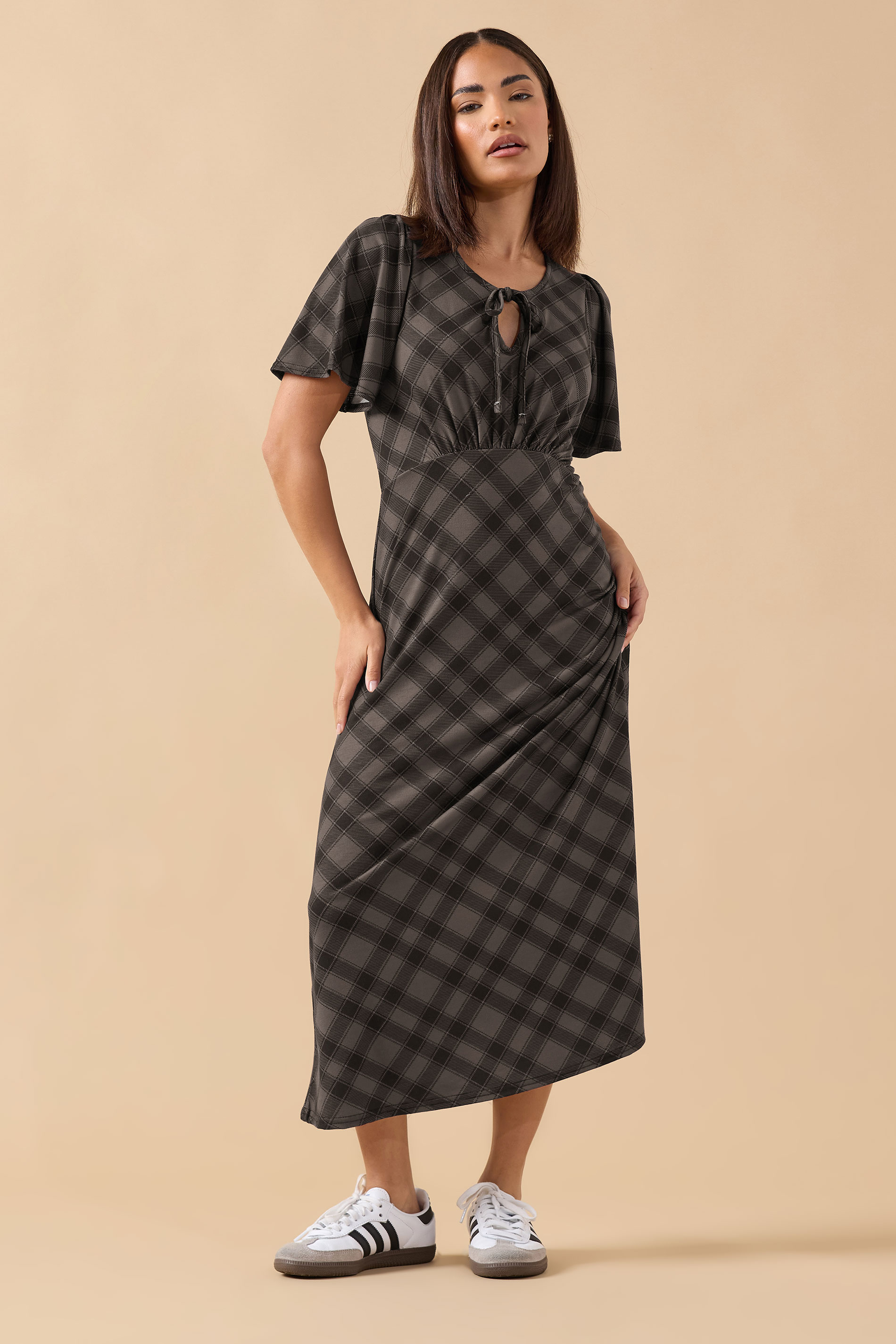 PixieGirl Petite Women's Brown Check Tie Front Midi Dress | PixieGirl 3