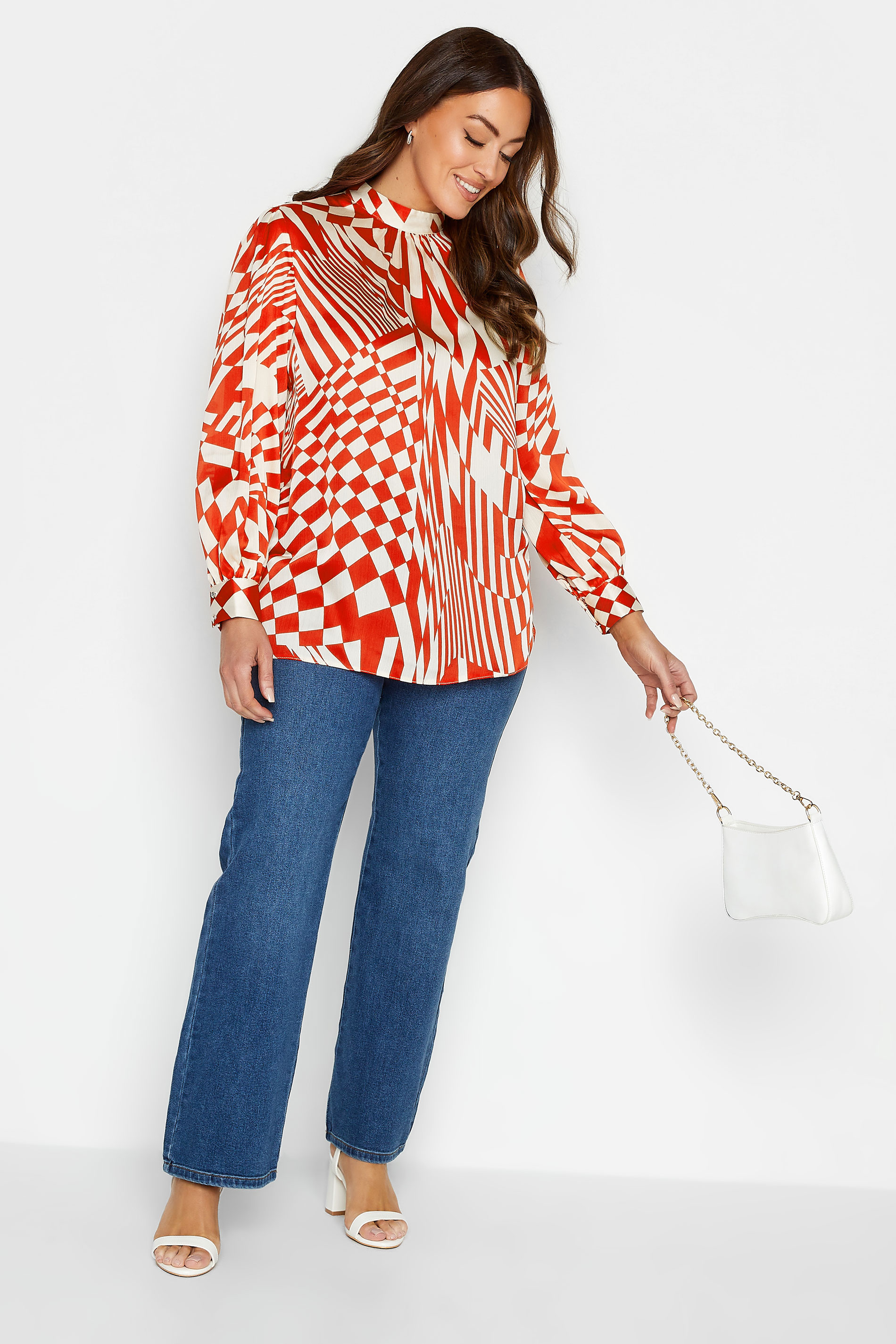 M&Co Red & White Abstract Print High Neck Satin Blouse | M&Co 3
