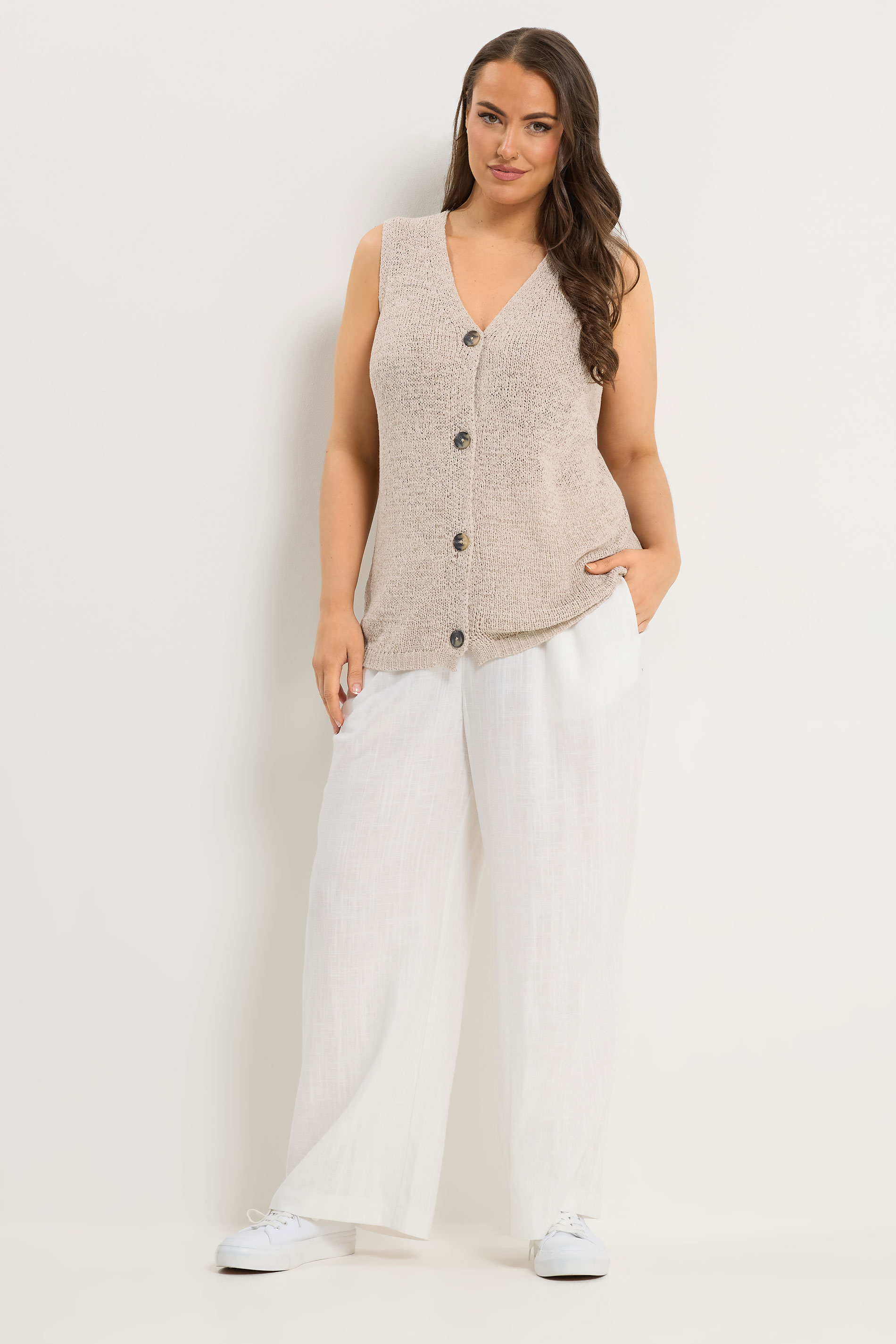 YOURS Plus Size Natural Brown Button Through Knitted Waistcoat | Yours Clothing 2