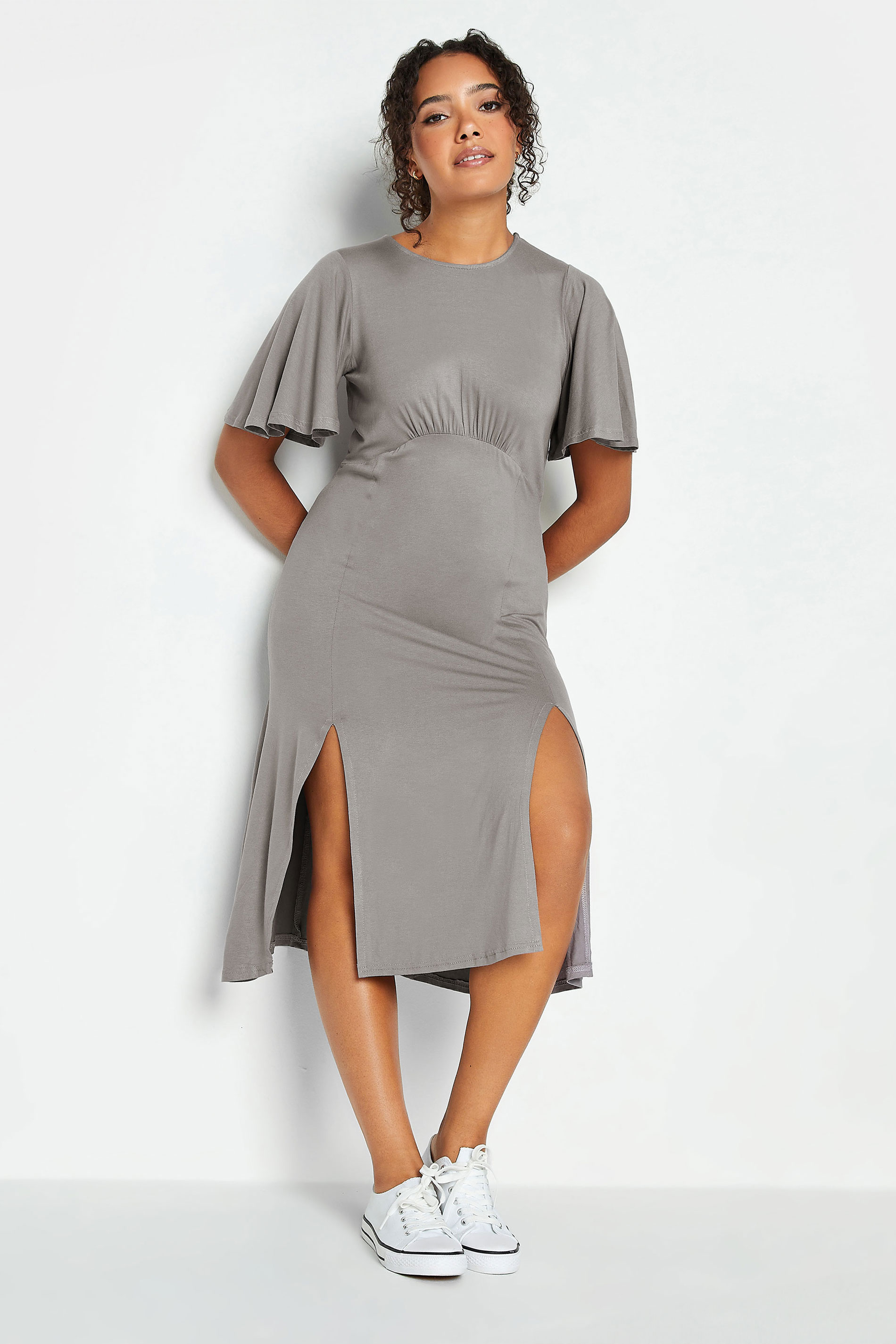M&Co Grey Angel Sleeve Split Hem Midi Dress | M&Co 1