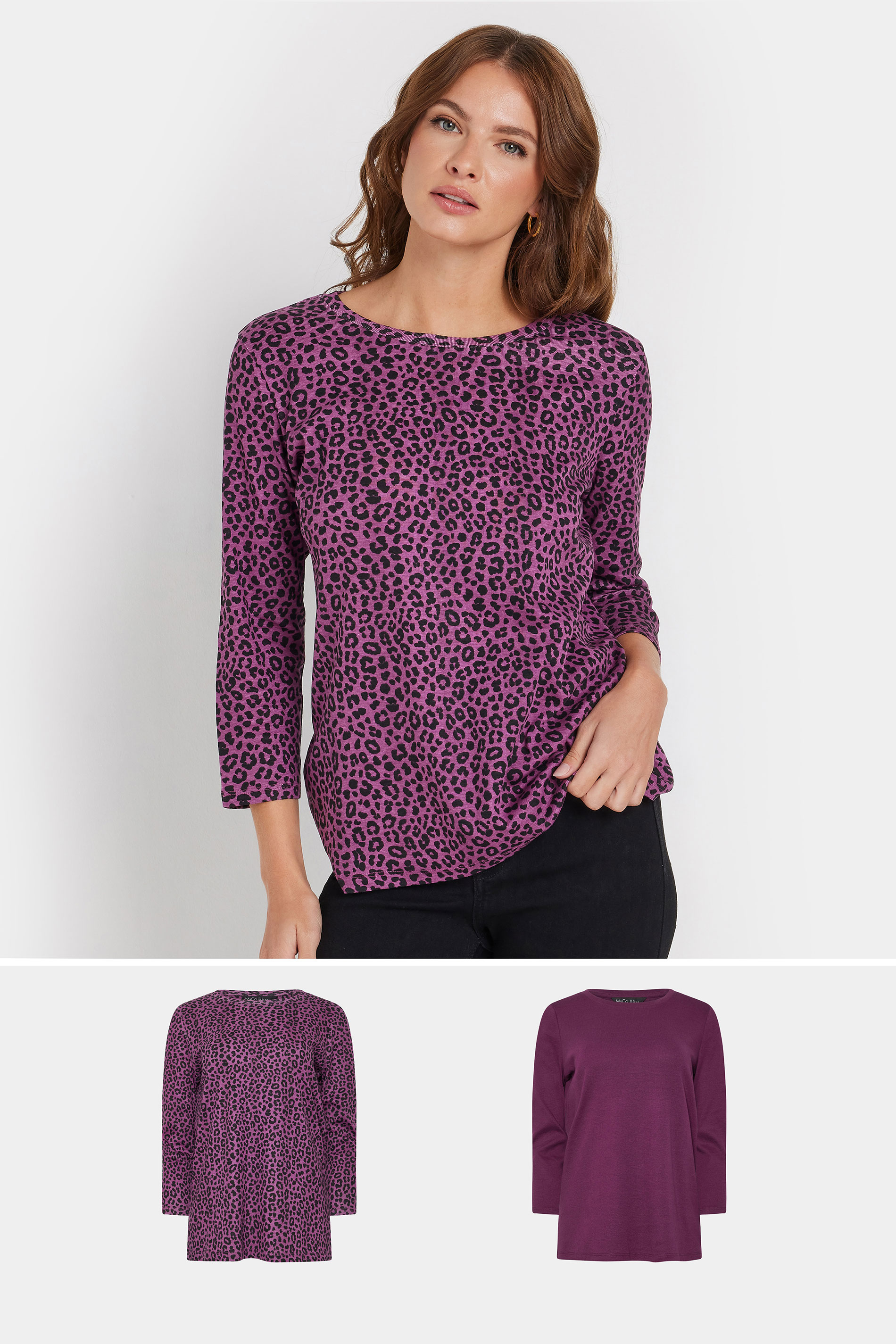 M&Co 2 PACK Berry Purple Leopard Print & Plain Cotton T-Shirts | M&Co 3