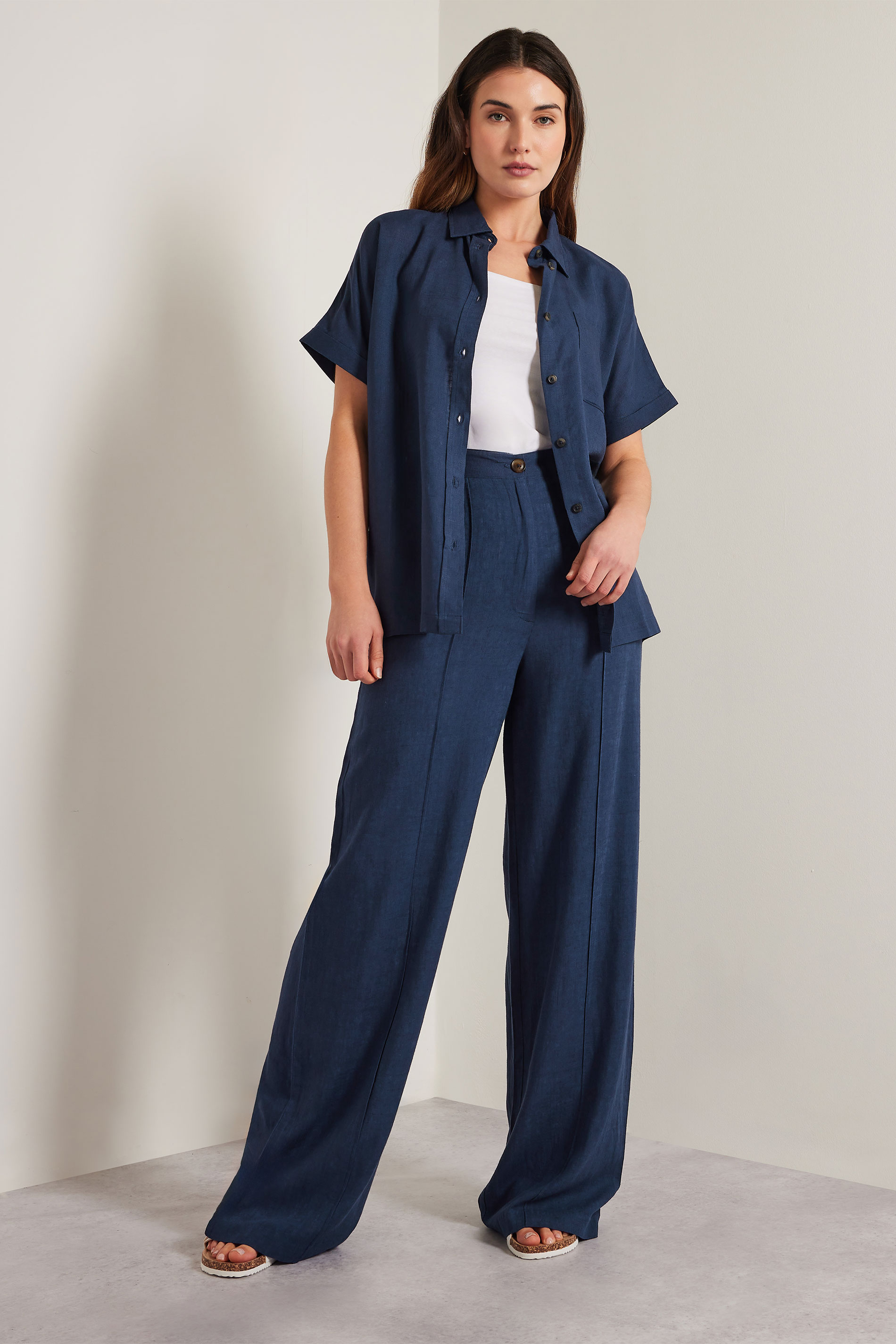 LTS Tall Navy Blue Linen Pleated Wide Leg Trousers | Long Tall Sally 2