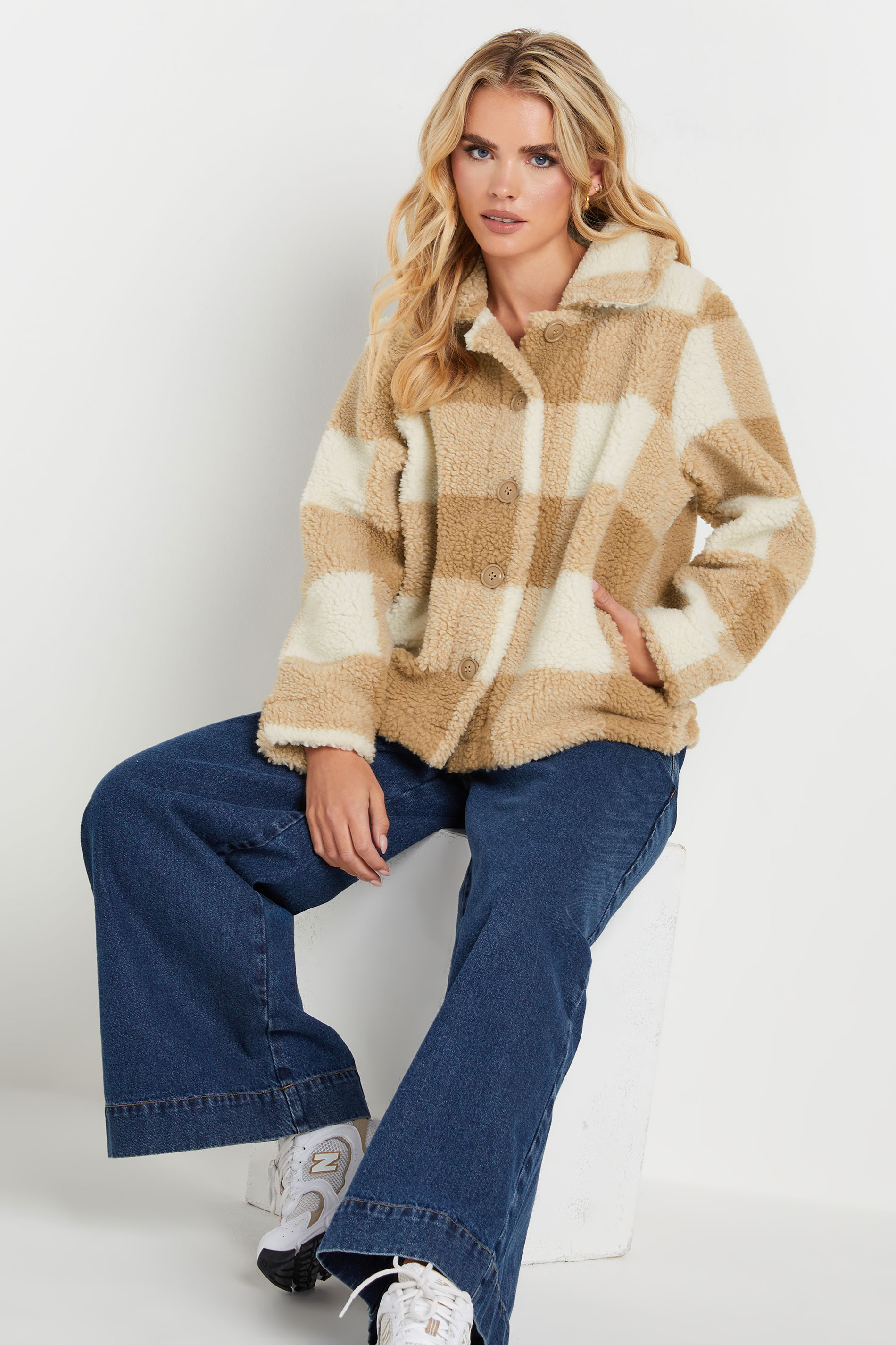 PixieGirl Petite Women's Natural Brown Check Teddy Fleece Jacket | PixieGirl 3
