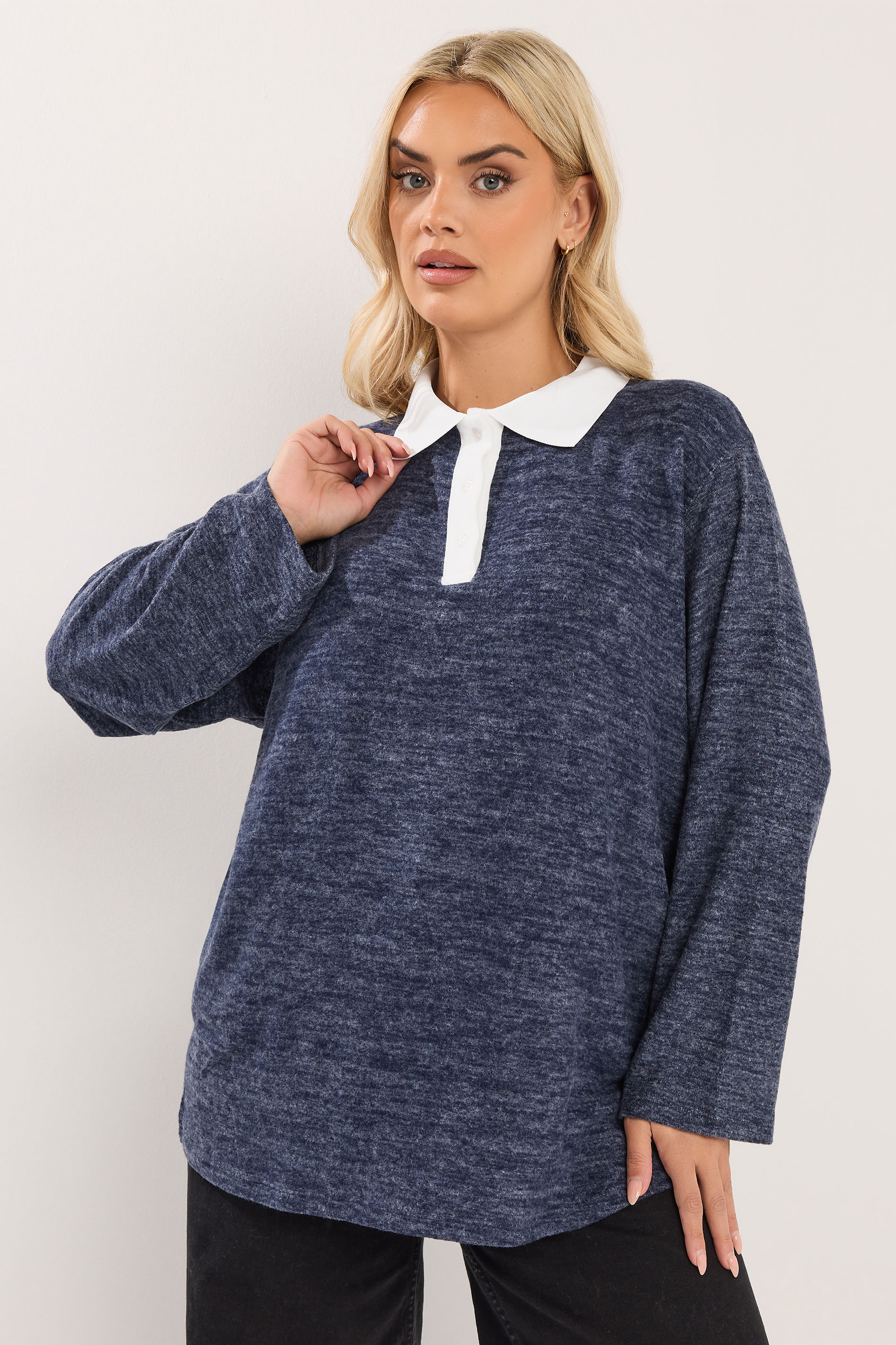 YOURS Plus Size Navy Blue Rugby Collar Soft Touch Top | Yours Clothing 3