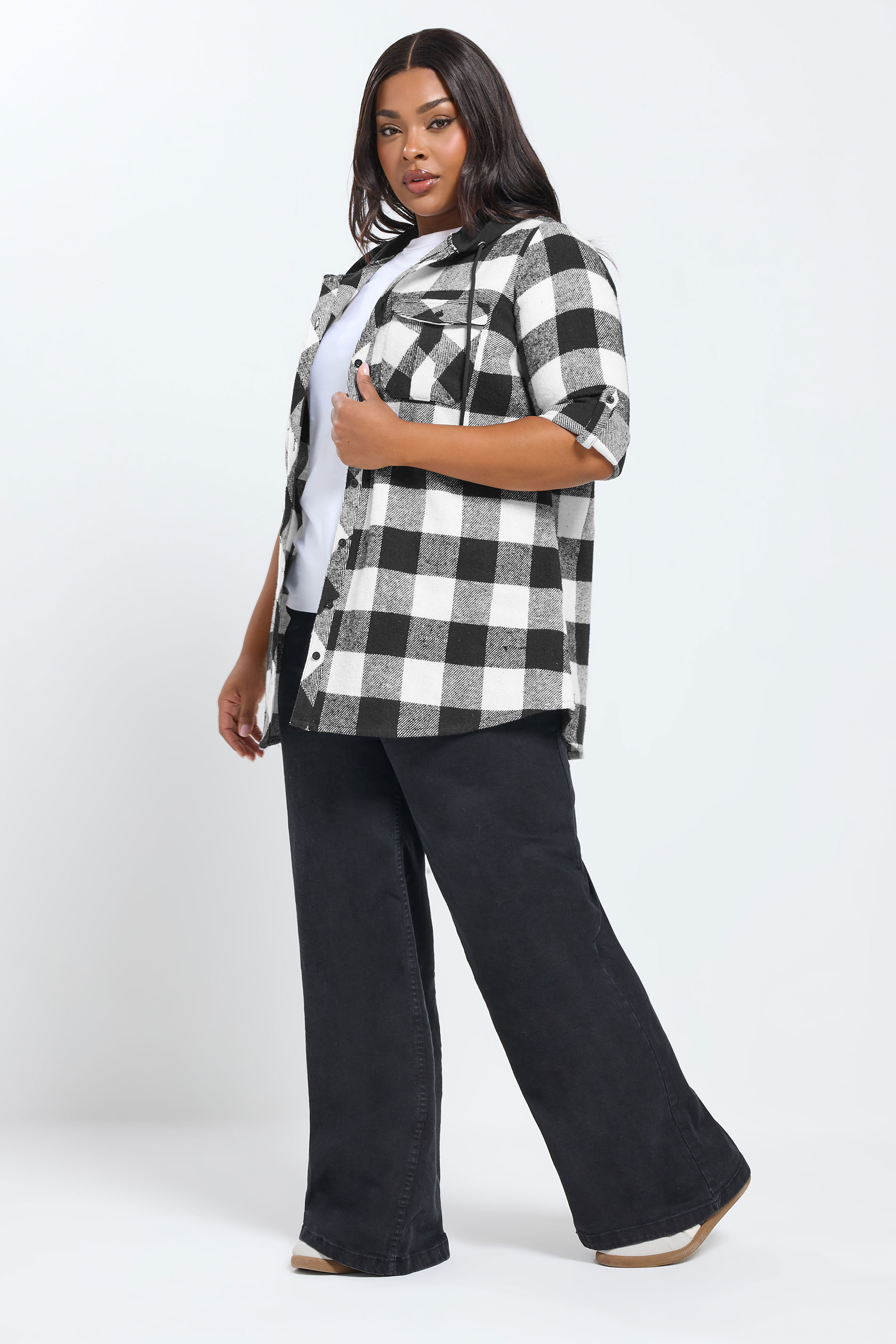 YOURS Plus Size Black Hooded Check Shirt | Yours Clothing 1