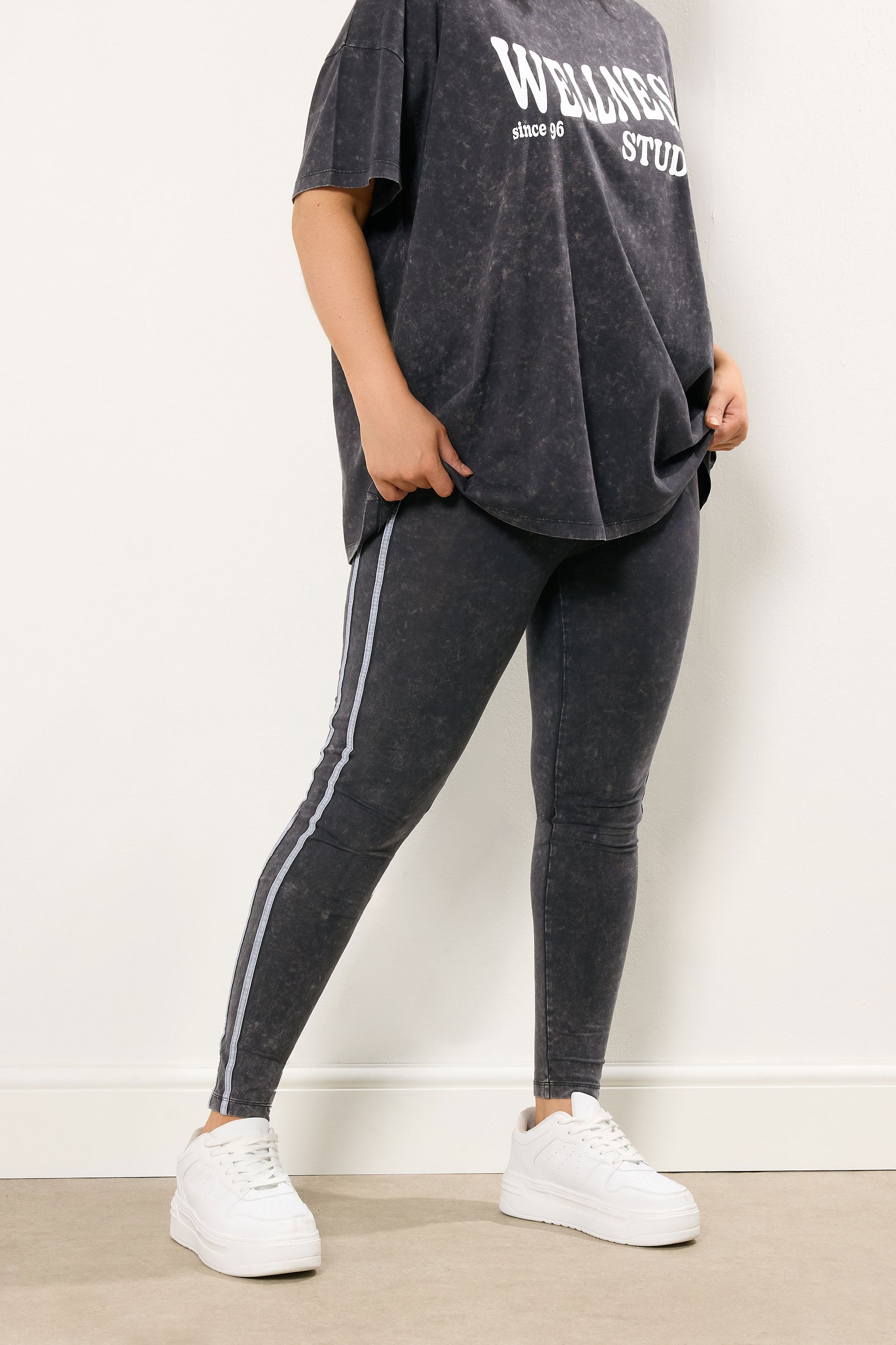 YOURS ACTIVE Plus Size Grey Acid Wash Side Stripe Leggings | Yours Clothing 3