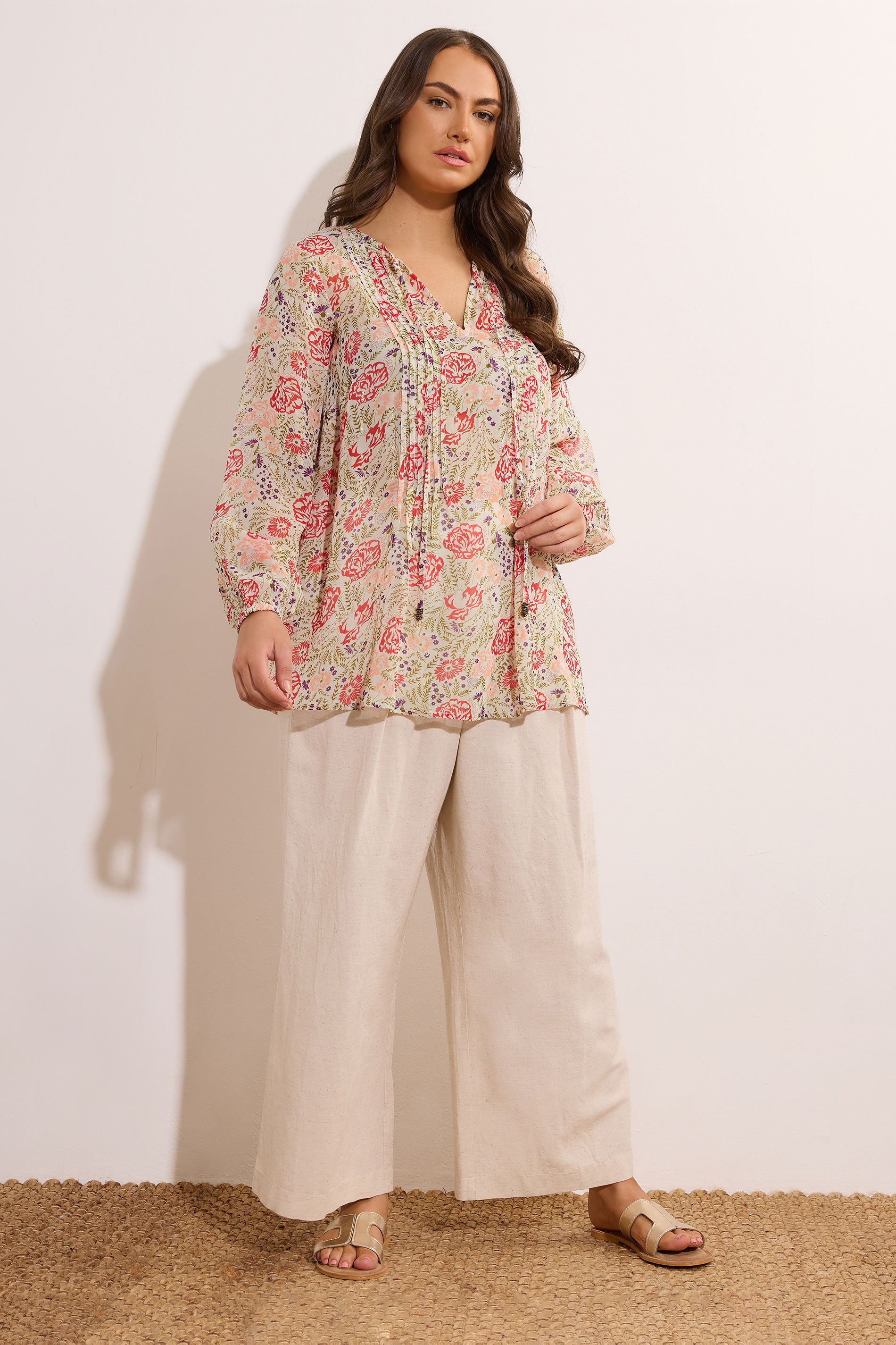 EVANS Plus Size Natural Brown Floral Tie Neck Blouse | Evans 2